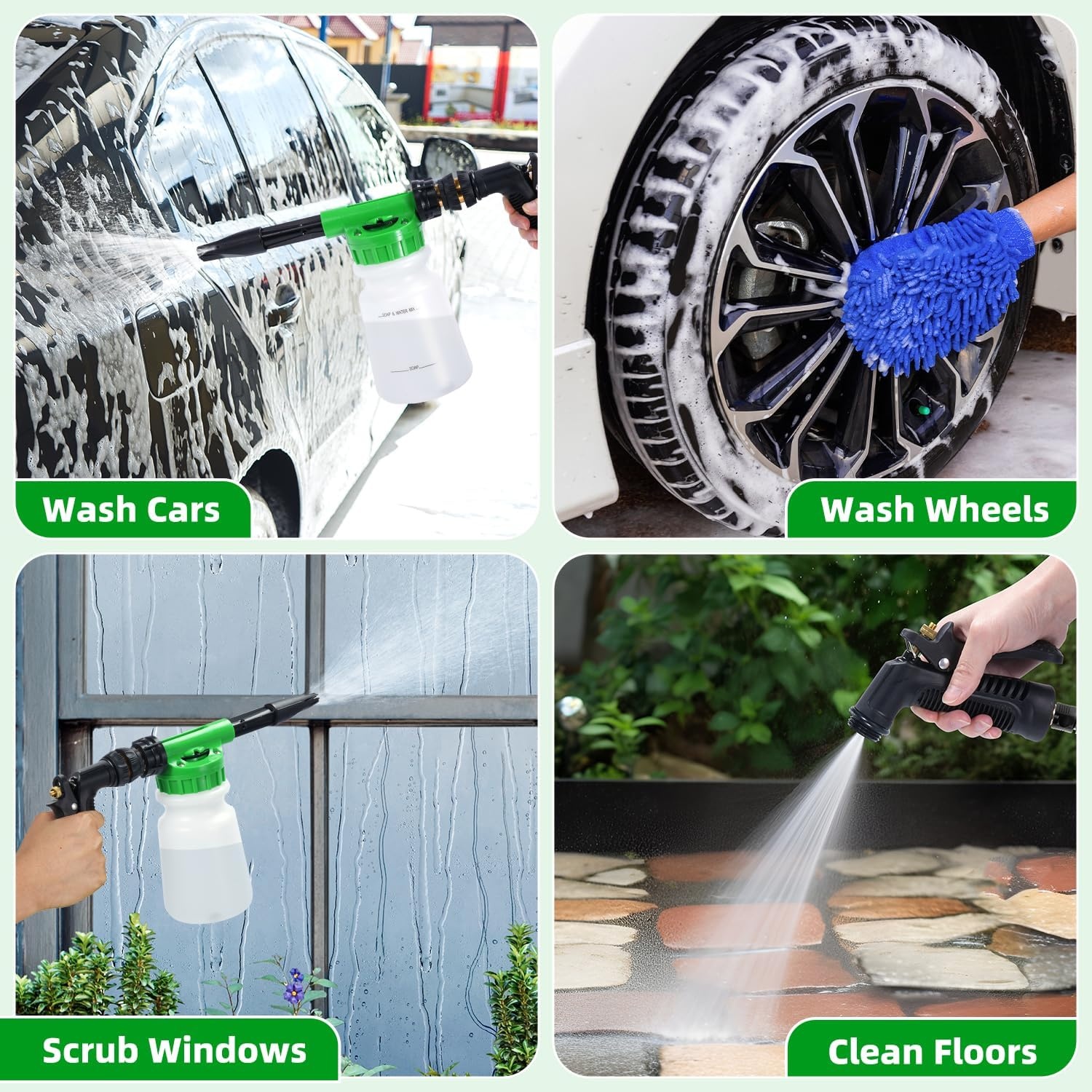 image:imageOhuhu Car Wash Foam Gun Soap Sprayer with 38 Connector amp Washing Mitts Dual Filtration 6 Levels of Foam Concentration Quick Connect to Most Garden Hose Green