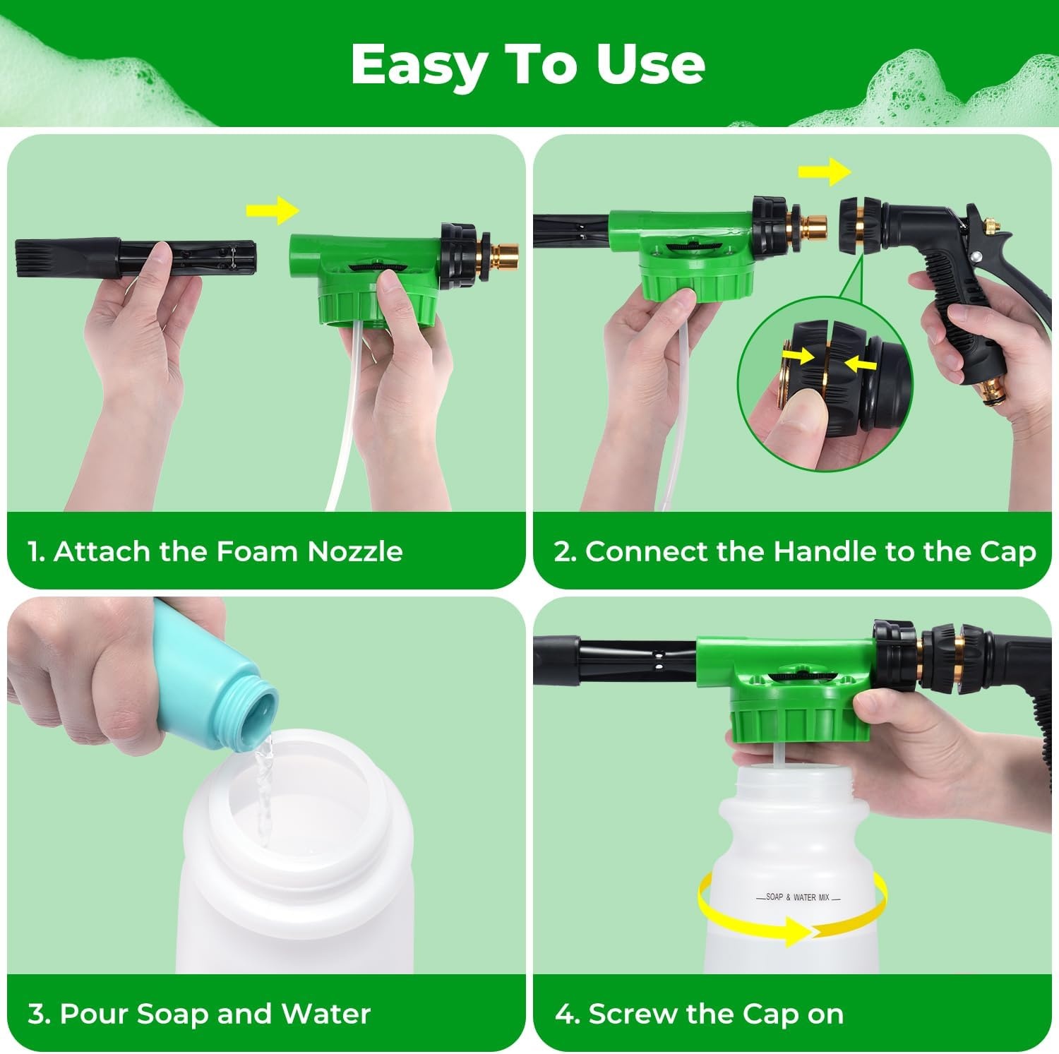 image:imageOhuhu Car Wash Foam Gun Soap Sprayer with 38 Connector amp Washing Mitts Dual Filtration 6 Levels of Foam Concentration Quick Connect to Most Garden Hose Green