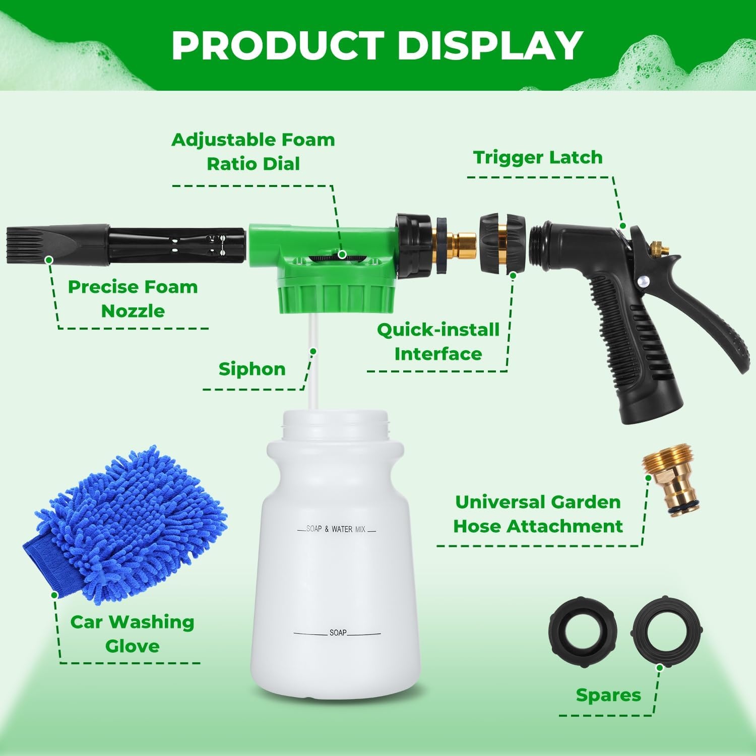 image:imageOhuhu Car Wash Foam Gun Soap Sprayer with 38 Connector amp Washing Mitts Dual Filtration 6 Levels of Foam Concentration Quick Connect to Most Garden Hose Green