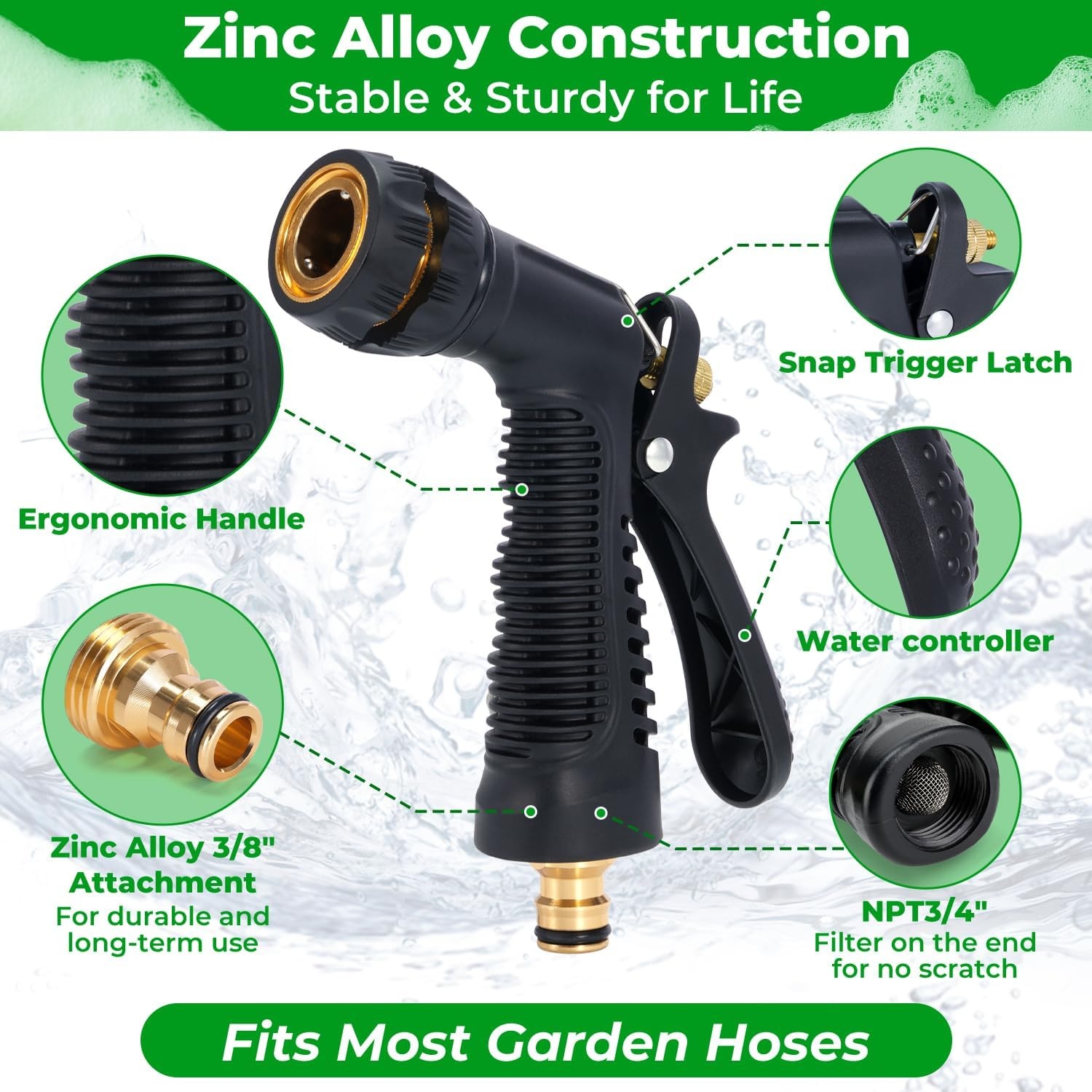 image:imageOhuhu Car Wash Foam Gun Soap Sprayer with 38 Connector amp Washing Mitts Dual Filtration 6 Levels of Foam Concentration Quick Connect to Most Garden Hose Green
