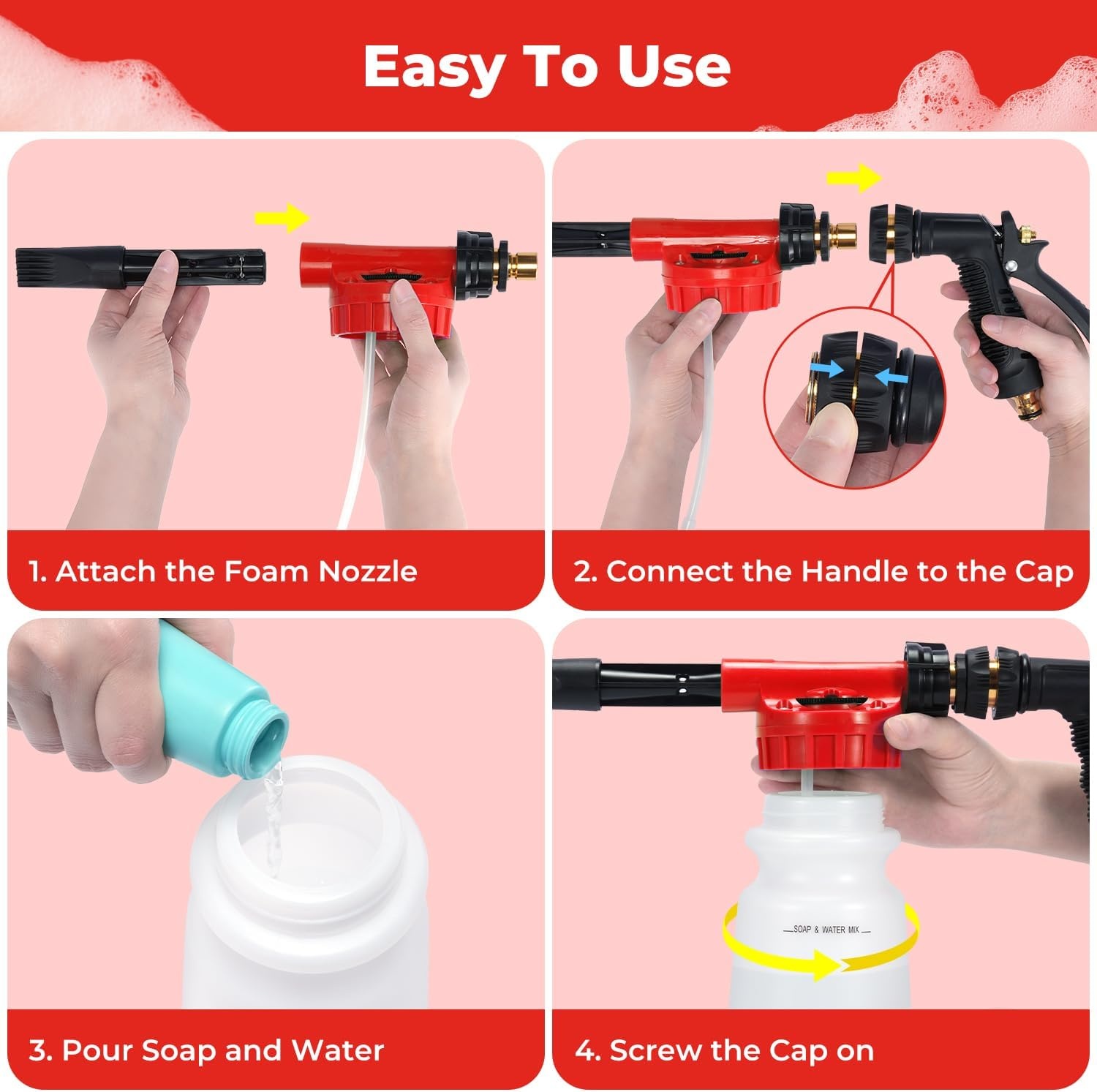 image:imageOhuhu Car Wash Foam Gun for Garden Hose Car Wash Soap Sprayer with 38 Connector amp Washing Mitts Dual Filtration 6 Levels of Foam Concentration Quick Connect to Most Garden Hose Red