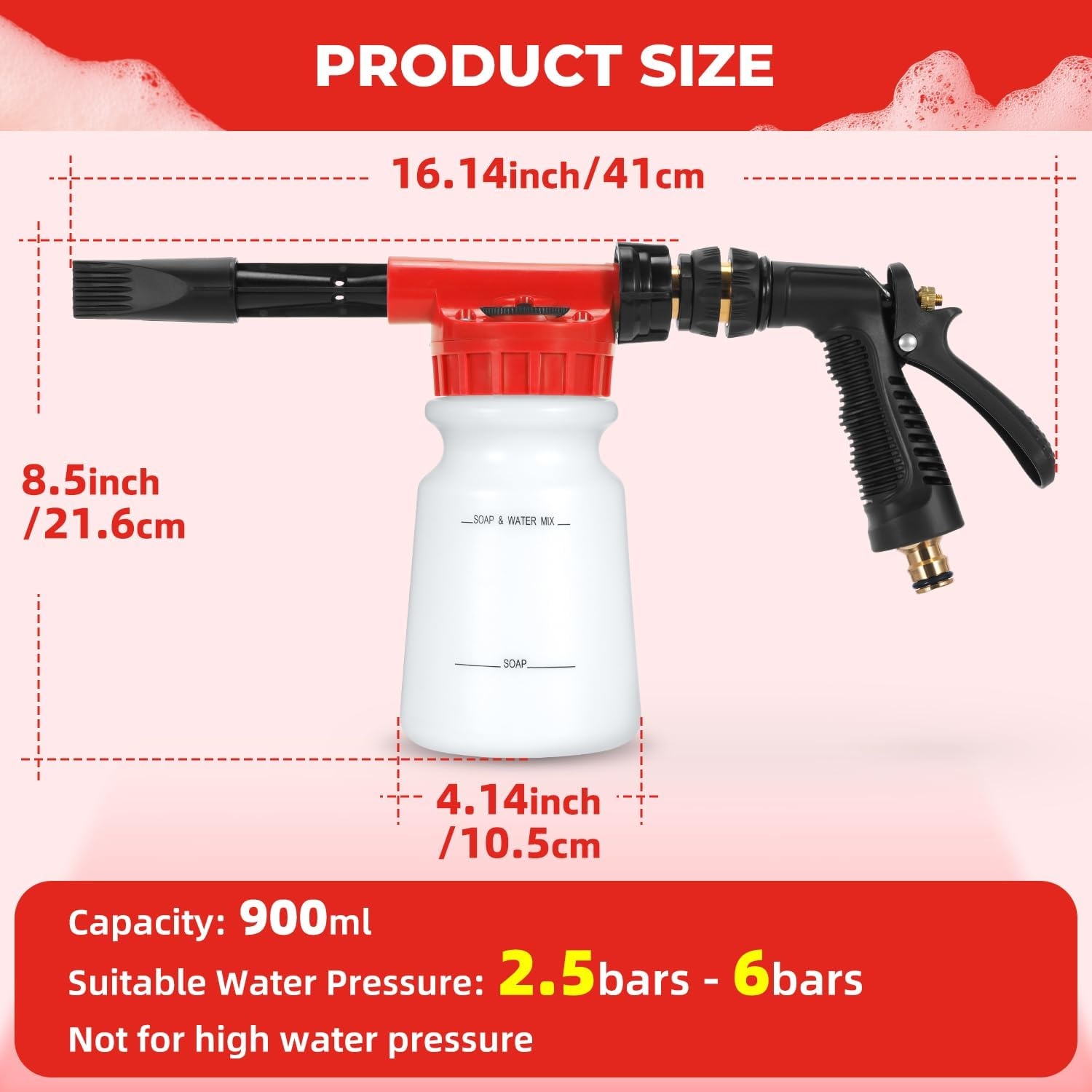 image:imageOhuhu Car Wash Foam Gun for Garden Hose Car Wash Soap Sprayer with 38 Connector amp Washing Mitts Dual Filtration 6 Levels of Foam Concentration Quick Connect to Most Garden Hose Red