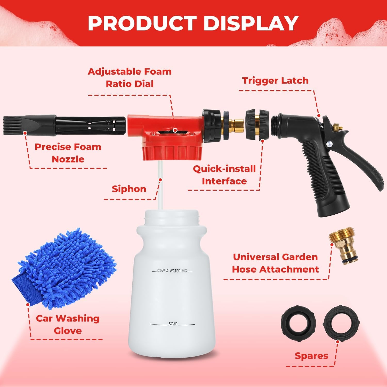image:imageOhuhu Car Wash Foam Gun for Garden Hose Car Wash Soap Sprayer with 38 Connector amp Washing Mitts Dual Filtration 6 Levels of Foam Concentration Quick Connect to Most Garden Hose Red