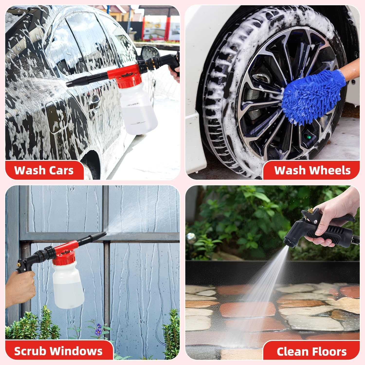 image:imageOhuhu Car Wash Foam Gun for Garden Hose Car Wash Soap Sprayer with 38 Connector amp Washing Mitts Dual Filtration 6 Levels of Foam Concentration Quick Connect to Most Garden Hose Red