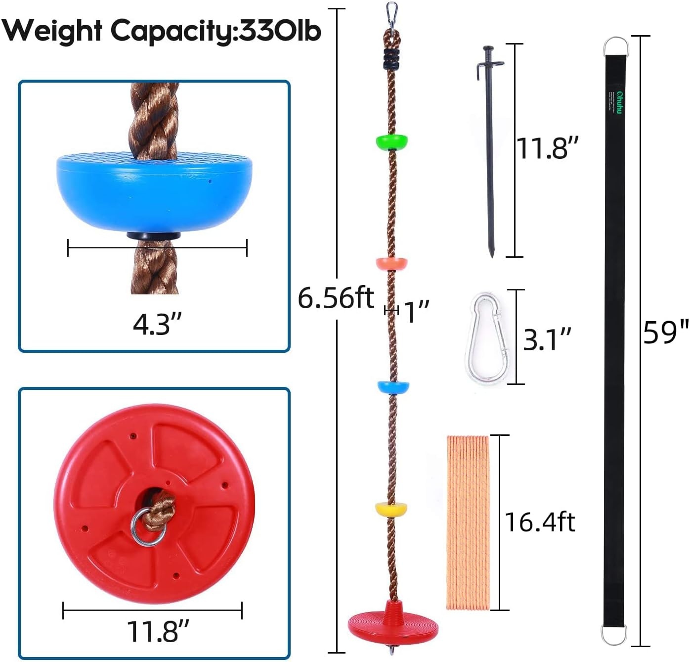 image:imageOhuhu Climbing Rope Tree Swing with Platforms and Disc Swings Seat Playground Outdoor Flying Swing for Kids Easy Install Great for Playground Swing Backyard