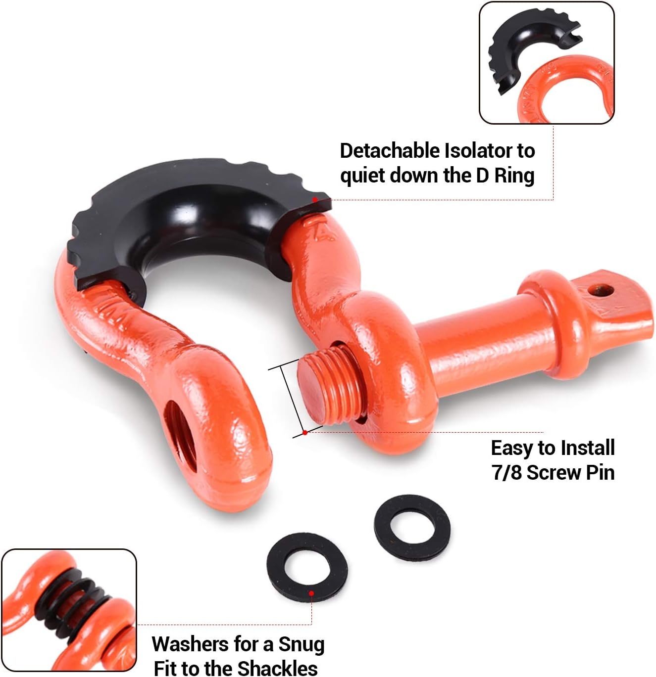 image:imageOhuhu D Ring Shackles 34 2 Pack with 2 Isolators and 8 Washers D Shackle Rugged 20 Ton 44000 lbs Maximum Break Strength 475 Ton 9500 Lbs Capacity Orange