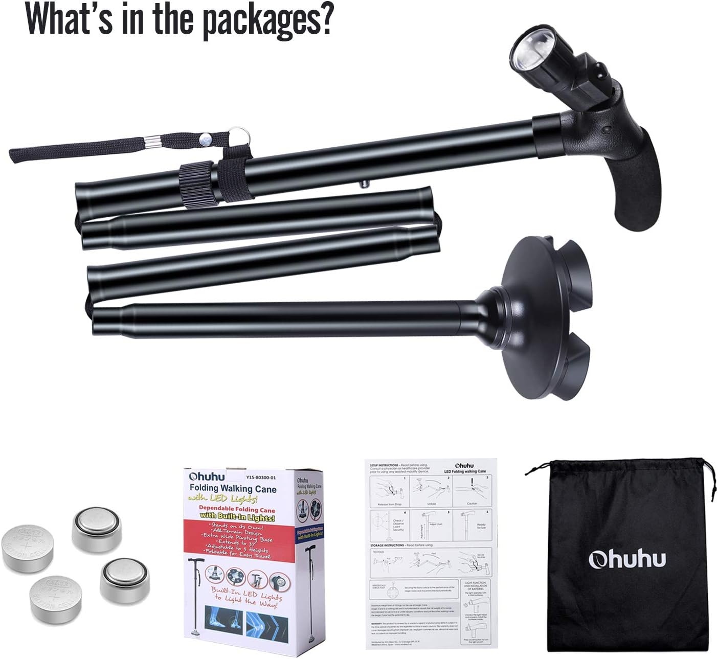 image:imageOhuhu Folding Cane with LED Light Foldable Walking Cane for Men Women Adjustable Walking Stick with Carrying Bag for Fathers Mothers Gift