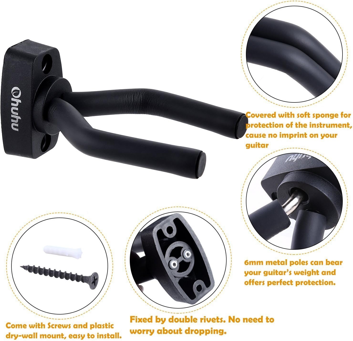 image:imageOhuhu Guitar Hanger 2Pack Hook Wall Mount Guitar Stand Keeper Holder For Acoustic Electric Guitars