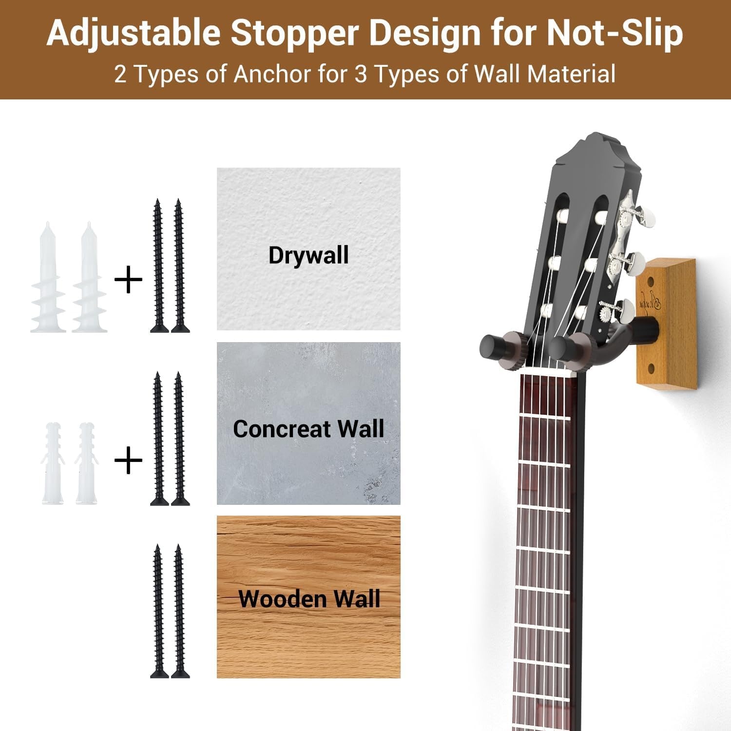 image:imageOhuhu Guitar Wall Mount Hanger 4Pack Rotatable Hardwood Guitar Hangers with Screws Adjustable Stopper Guitar Mount Hook Holder Stand for Acoustic Electric Guitar Banjo Bass Ukulele Mandolin Wood
