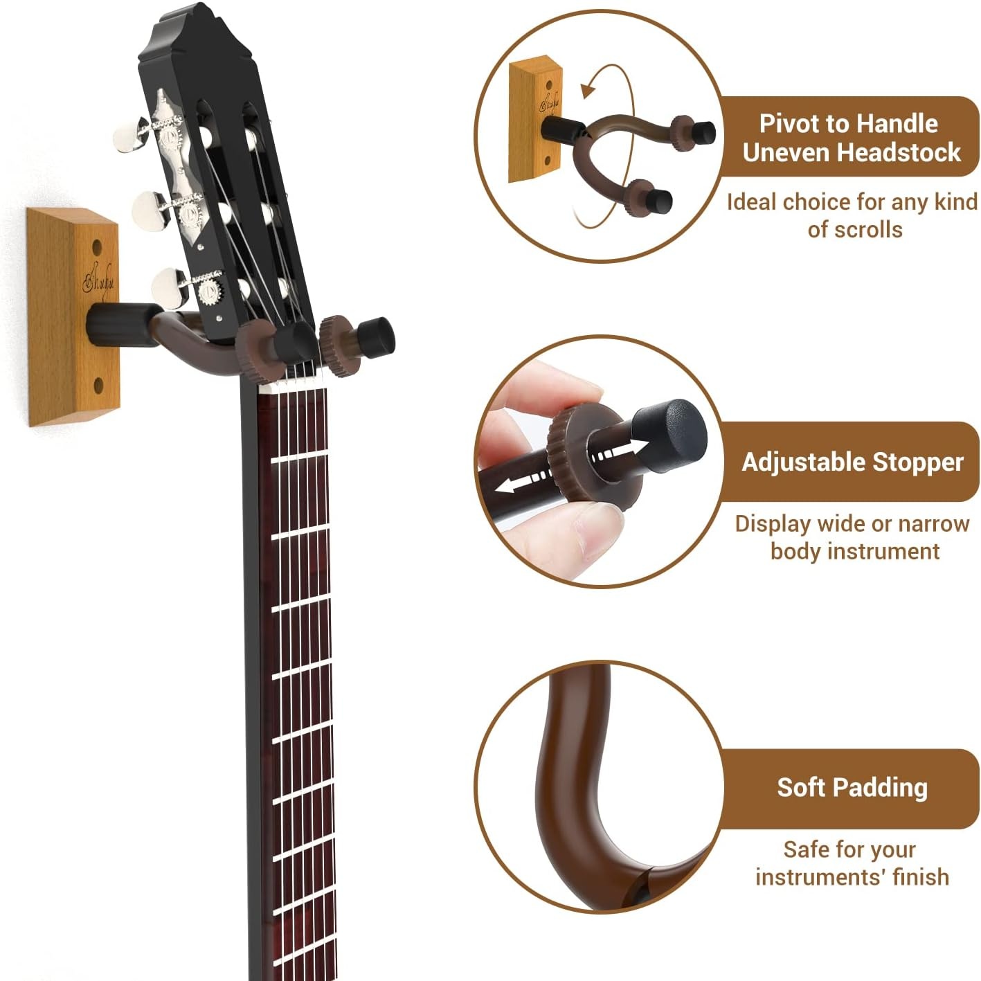 image:imageOhuhu Guitar Wall Mount Hanger 4Pack Rotatable Hardwood Guitar Hangers with Screws Adjustable Stopper Guitar Mount Hook Holder Stand for Acoustic Electric Guitar Banjo Bass Ukulele Mandolin Wood