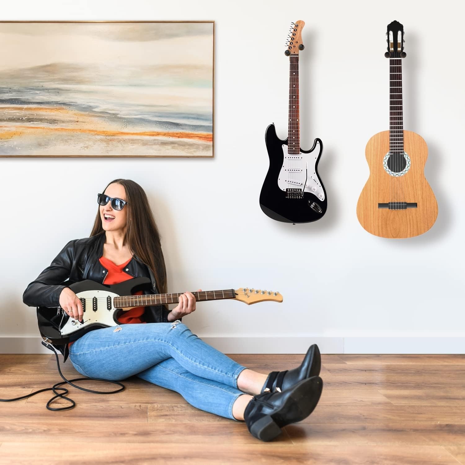 image:imageOhuhu Guitar Wall Mount Hanger 6Pack Rotatable Hardwood Guitar Hangers with ScrewsAdjustable Stopper for Ukulele Bass Banjo MandolinWood