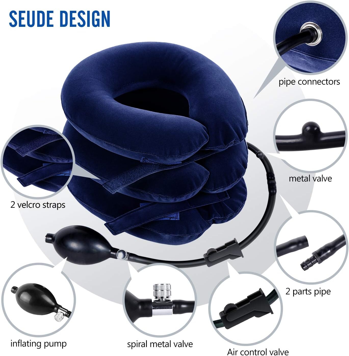 image:imageOhuhu Neck Traction Neck Cervical Traction Collar Device for Neck Shoulder Back Head Pain Relief Inflatable Spine Alignment Pillow Dark Blue