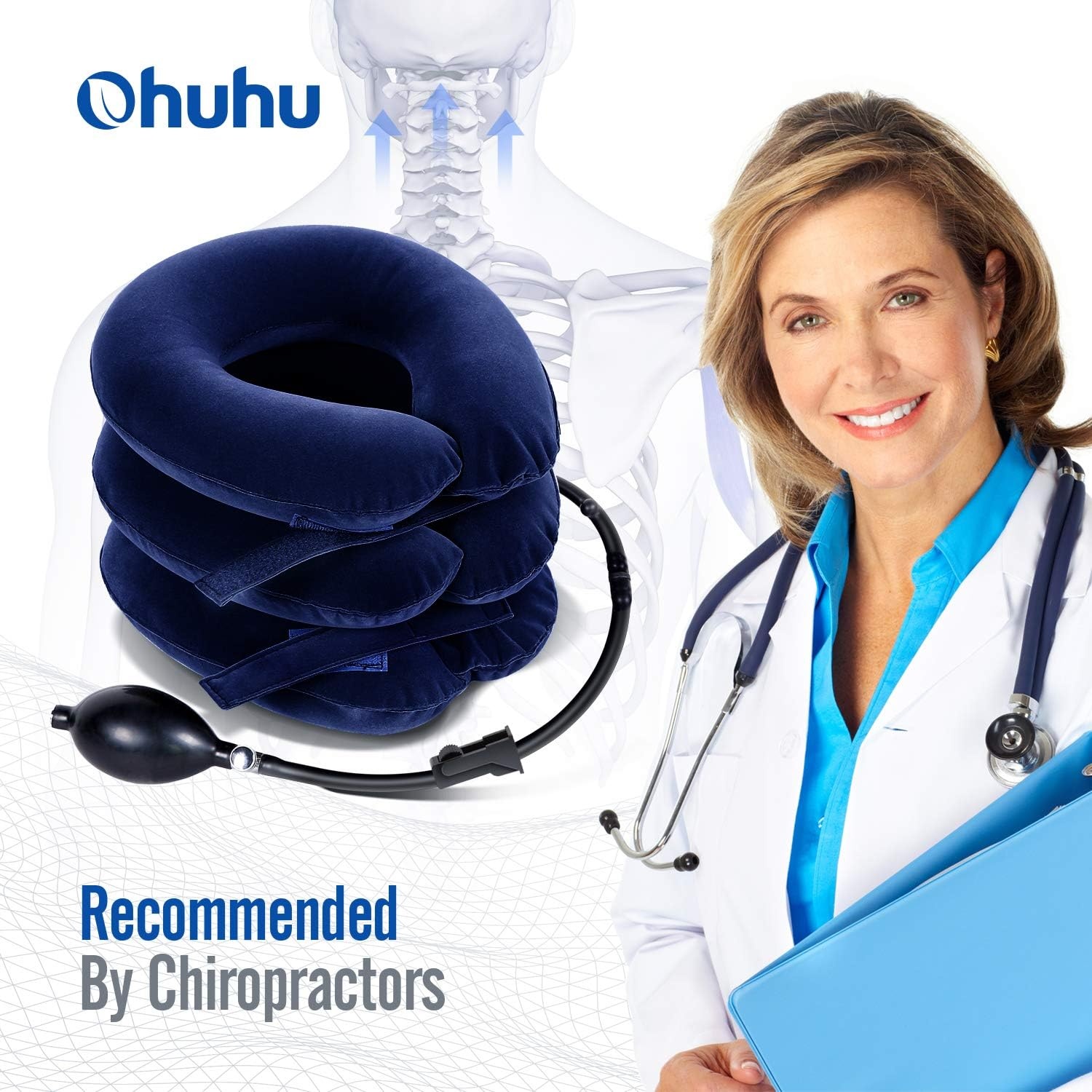 image:imageOhuhu Neck Traction Neck Cervical Traction Collar Device for Neck Shoulder Back Head Pain Relief Inflatable Spine Alignment Pillow Dark Blue