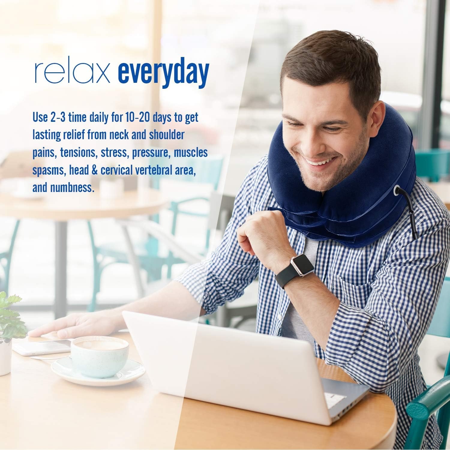 image:imageOhuhu Neck Traction Neck Cervical Traction Collar Device for Neck Shoulder Back Head Pain Relief Inflatable Spine Alignment Pillow Dark Blue