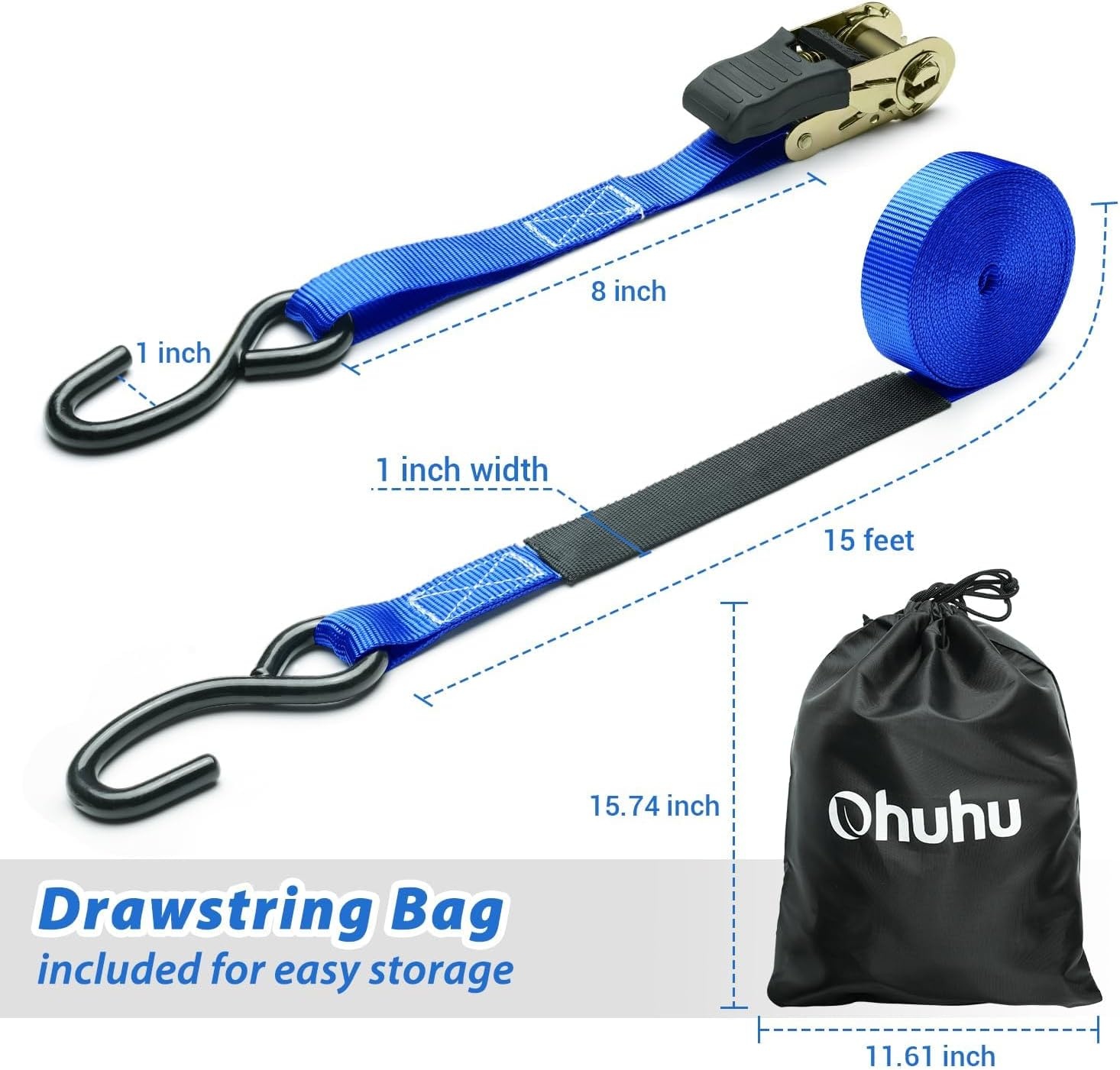 image:imageOhuhu Ratchet Tie Down Straps 4 Pack 15 Ft 500 Lbs Load Cap with 1500 Lb Breaking Limit Cargo Car Truck Roof Rack Rachet Strap Set for Lawn Equipment Moving Appliances Motorcycle Blue
