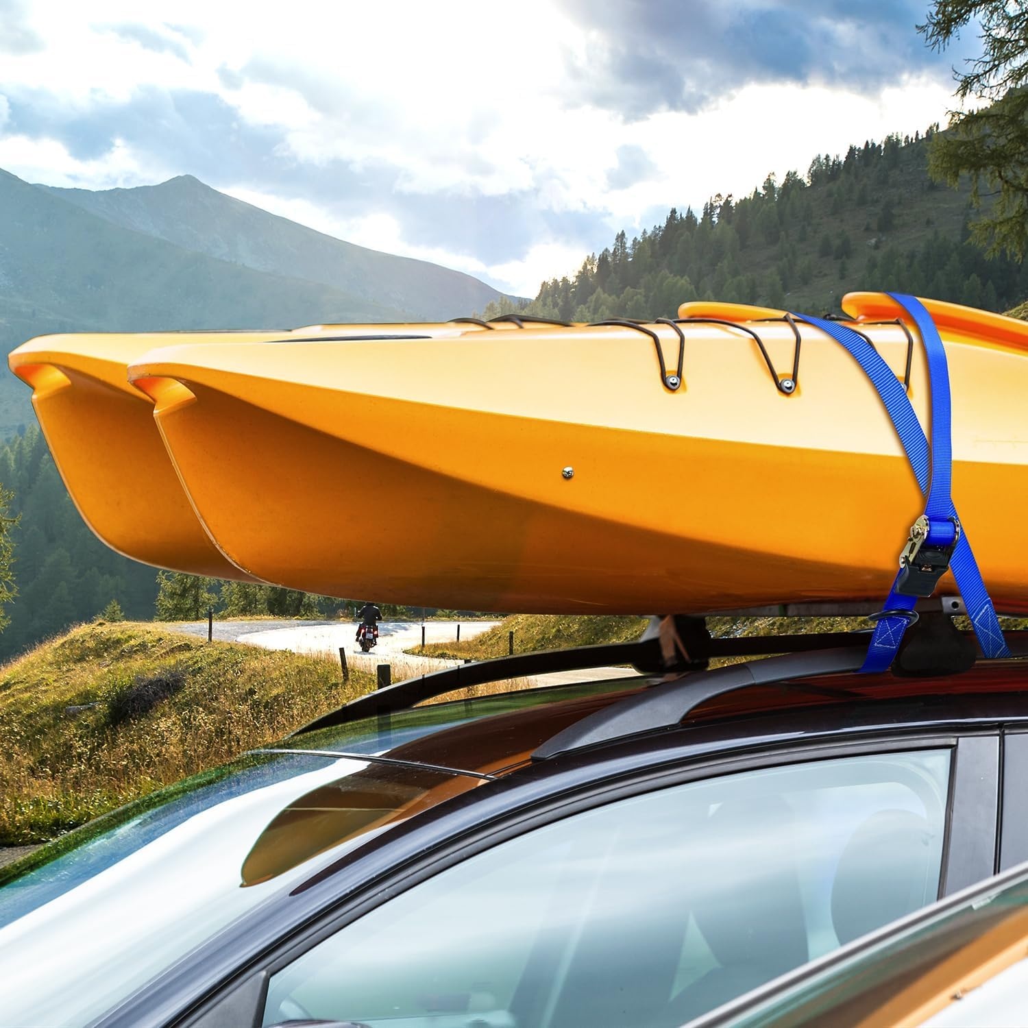 image:imageOhuhu Ratchet Tie Down Straps 4 Pack 15 Ft 500 Lbs Load Cap with 1500 Lb Breaking Limit Cargo Car Truck Roof Rack Rachet Strap Set for Lawn Equipment Moving Appliances Motorcycle Blue