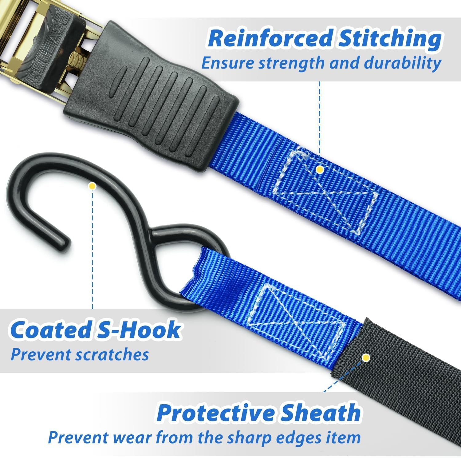 image:imageOhuhu Ratchet Tie Down Straps 4 Pack 15 Ft 500 Lbs Load Cap with 1500 Lb Breaking Limit Cargo Car Truck Roof Rack Rachet Strap Set for Lawn Equipment Moving Appliances Motorcycle Blue