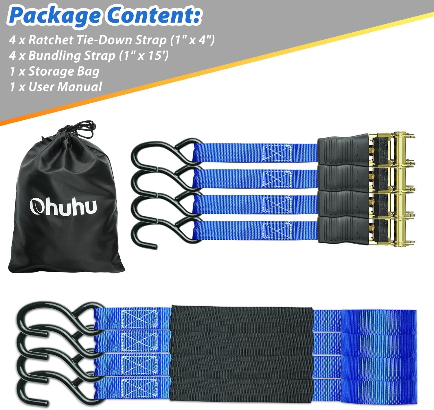 image:imageOhuhu Ratchet Tie Down Straps 4 Pack 15 Ft 500 Lbs Load Cap with 1500 Lb Breaking Limit Cargo Car Truck Roof Rack Rachet Strap Set for Lawn Equipment Moving Appliances Motorcycle Blue