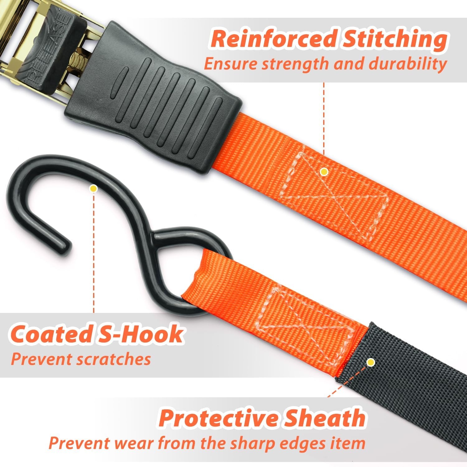 image:imageOhuhu Ratchet Tie Down Straps 4 Pack 15 Ft 500 Lbs Load Cap with 1500 Lb Breaking Limit Cargo Car Truck Roof Rack Ratchet Strap Set for Lawn Equipment Moving Appliances Motorcycle Orange