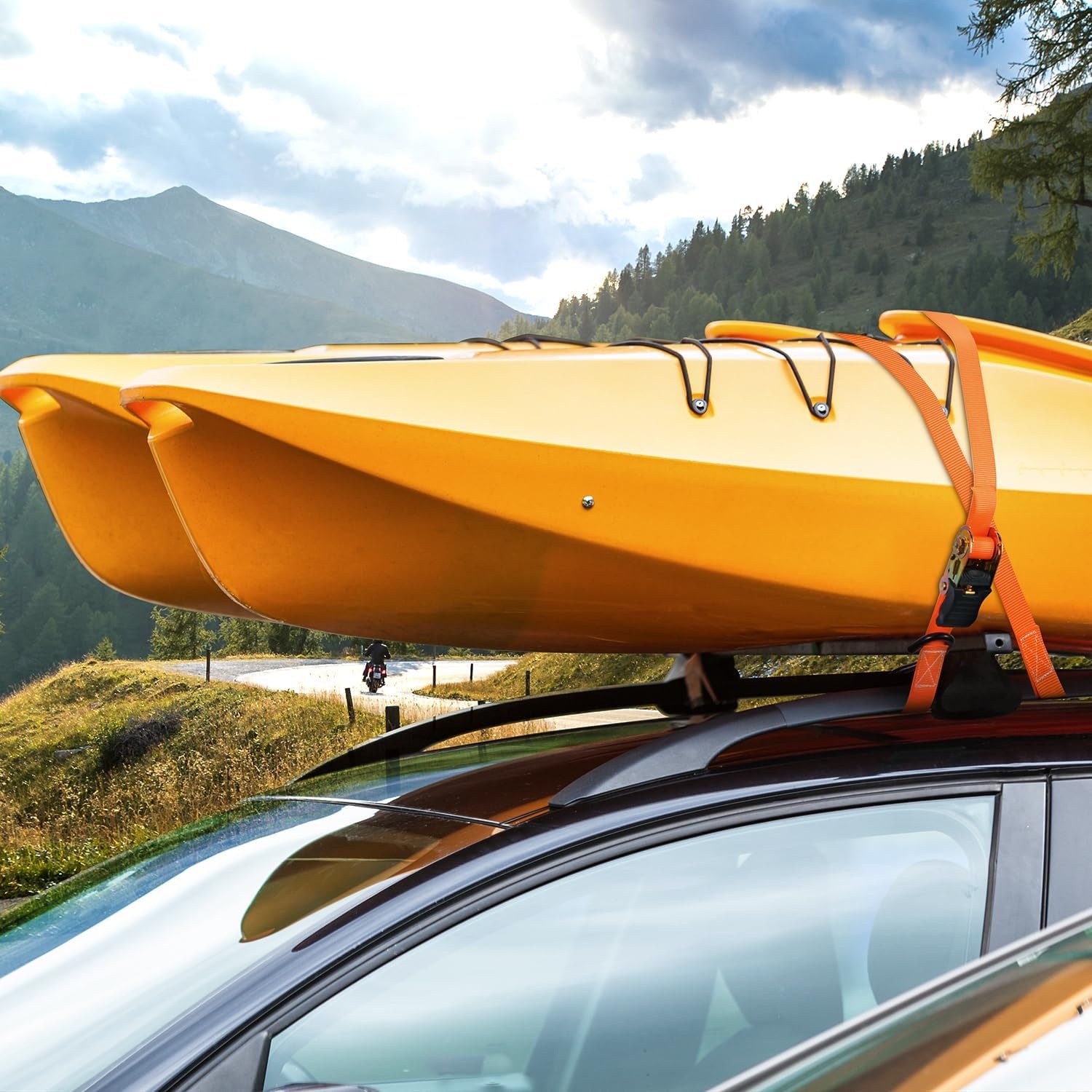 image:imageOhuhu Ratchet Tie Down Straps 4 Pack 15 Ft 500 Lbs Load Cap with 1500 Lb Breaking Limit Cargo Car Truck Roof Rack Ratchet Strap Set for Lawn Equipment Moving Appliances Motorcycle Orange