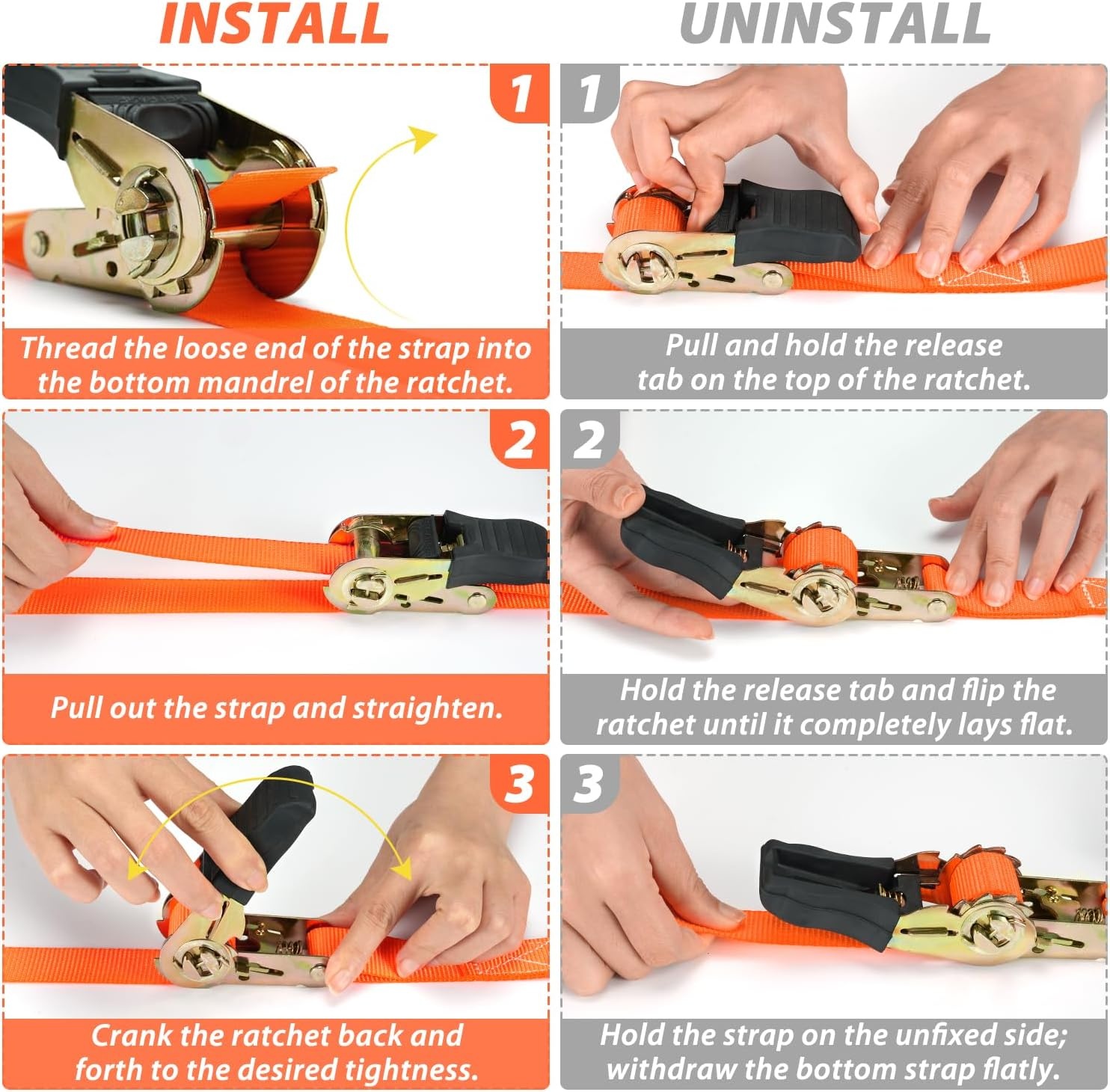 image:imageOhuhu Ratchet Tie Down Straps 4 Pack 15 Ft 500 Lbs Load Cap with 1500 Lb Breaking Limit Cargo Car Truck Roof Rack Ratchet Strap Set for Lawn Equipment Moving Appliances Motorcycle Orange