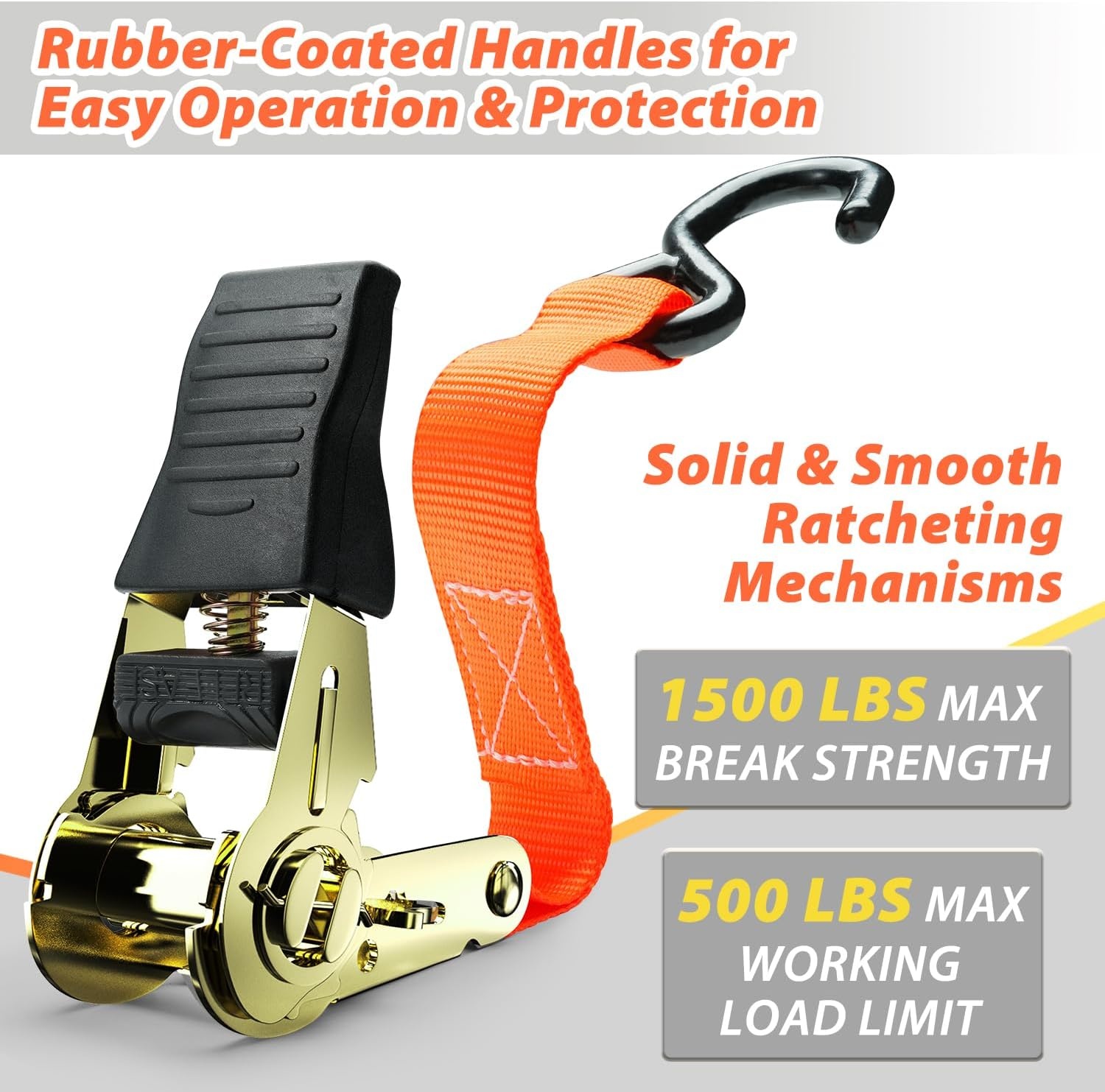 image:imageOhuhu Ratchet Tie Down Straps 4 Pack 15 Ft 500 Lbs Load Cap with 1500 Lb Breaking Limit Cargo Car Truck Roof Rack Ratchet Strap Set for Lawn Equipment Moving Appliances Motorcycle Orange