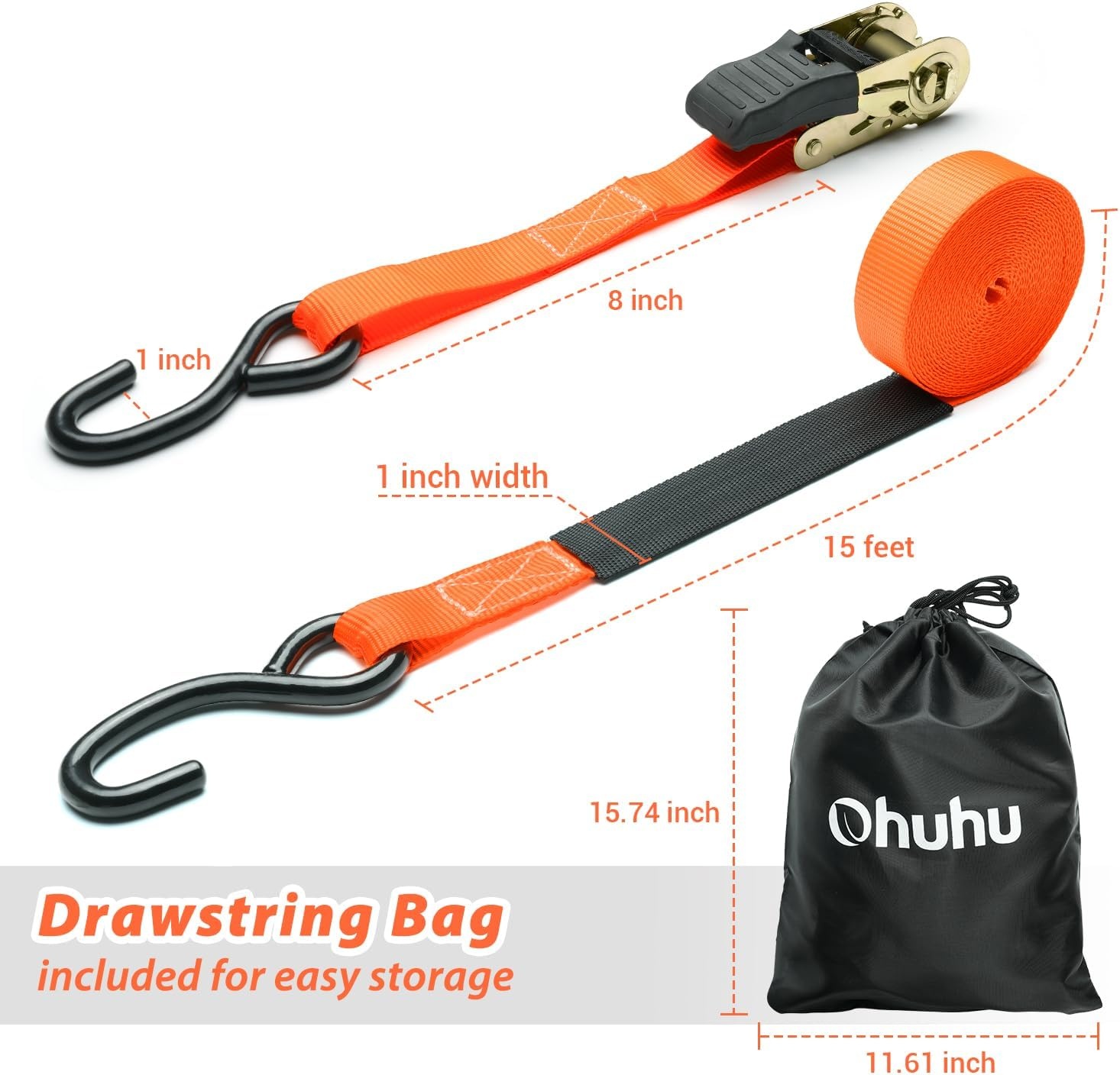 image:imageOhuhu Ratchet Tie Down Straps 4 Pack 15 Ft 500 Lbs Load Cap with 1500 Lb Breaking Limit Cargo Car Truck Roof Rack Ratchet Strap Set for Lawn Equipment Moving Appliances Motorcycle Orange