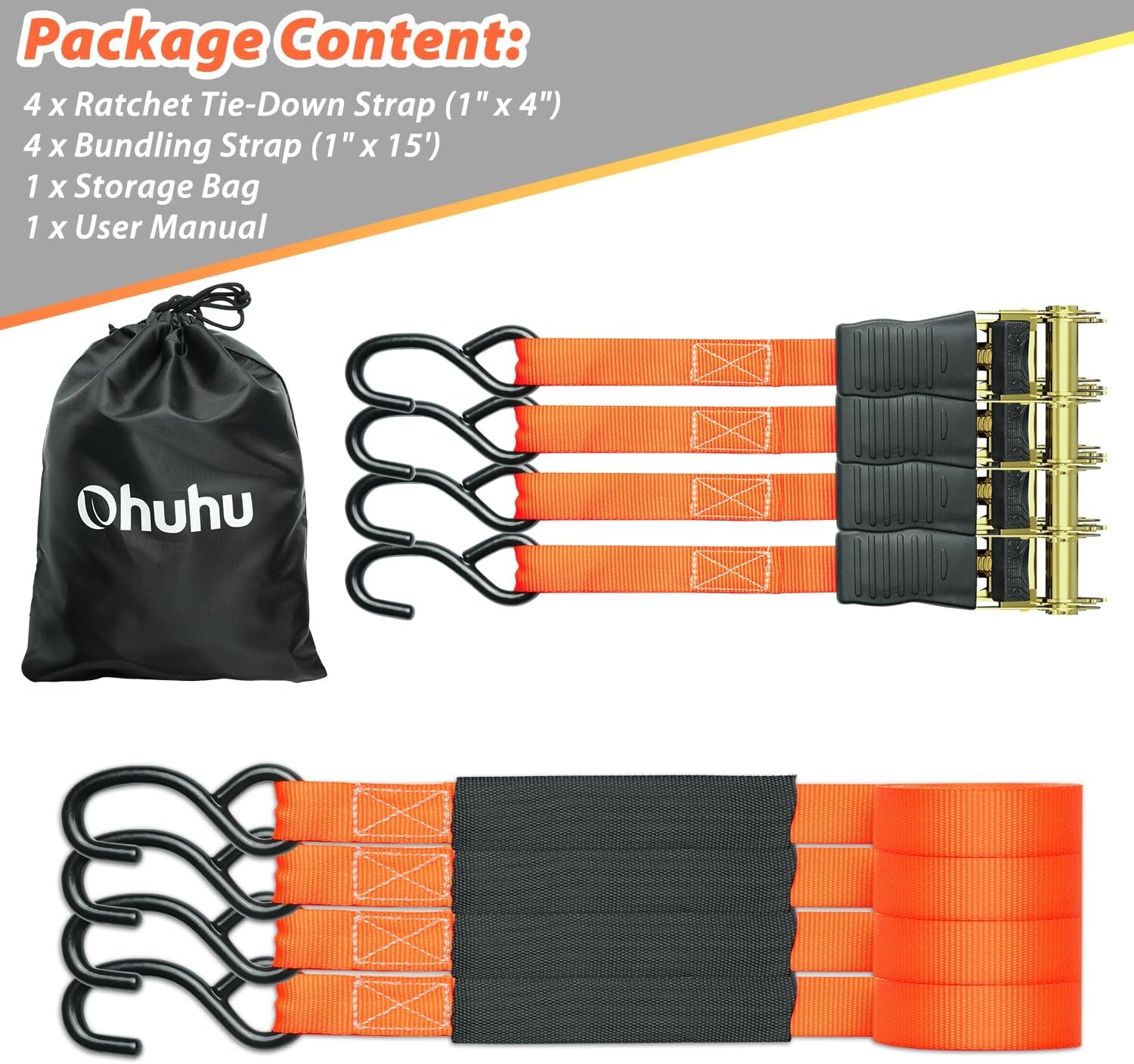 image:imageOhuhu Ratchet Tie Down Straps 4 Pack 15 Ft 500 Lbs Load Cap with 1500 Lb Breaking Limit Cargo Car Truck Roof Rack Ratchet Strap Set for Lawn Equipment Moving Appliances Motorcycle Orange