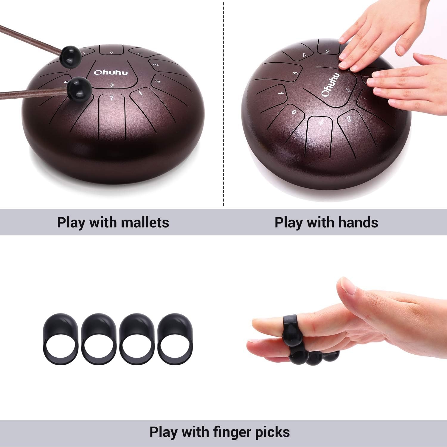 image:imageOhuhu Steel Tongue Drum for Kids and Adults with Rubber Mallets Finger Picks and Padded Travel Bag Unique Gifts for Him or Her 10Inch