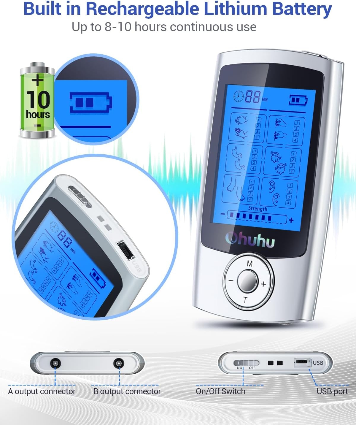 image:imageOhuhu Tens Unit Muscle Stimulator 24 Modes Rechargeable Tens Stimulator Machine16 Pads Electric EMS Unit Massager Acupoint Map Included for Back Shoulder Legs Pain Relief Mother Father GiftSilver