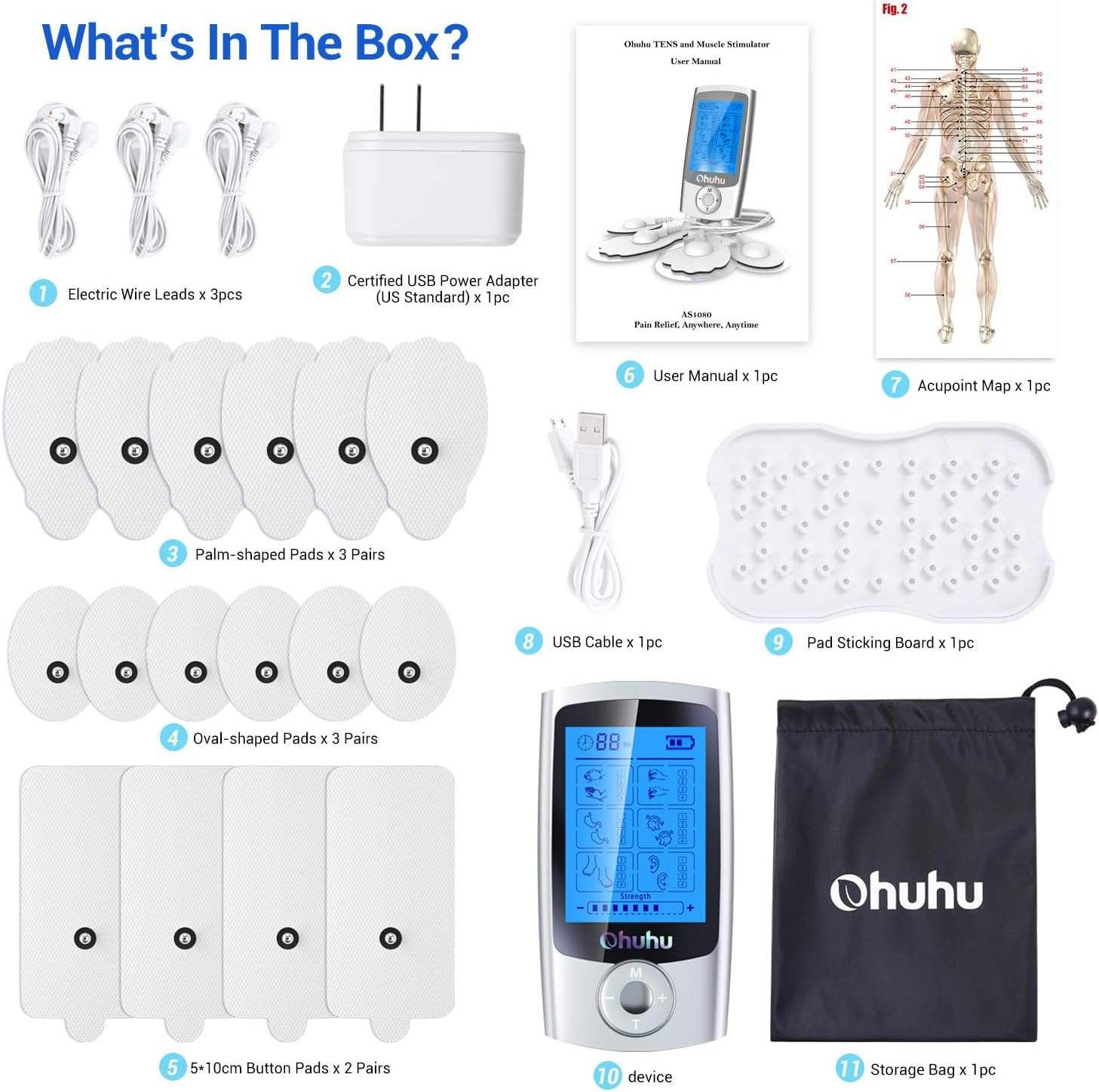 image:imageOhuhu Tens Unit Muscle Stimulator 24 Modes Rechargeable Tens Stimulator Machine16 Pads Electric EMS Unit Massager Acupoint Map Included for Back Shoulder Legs Pain Relief Mother Father GiftSilver