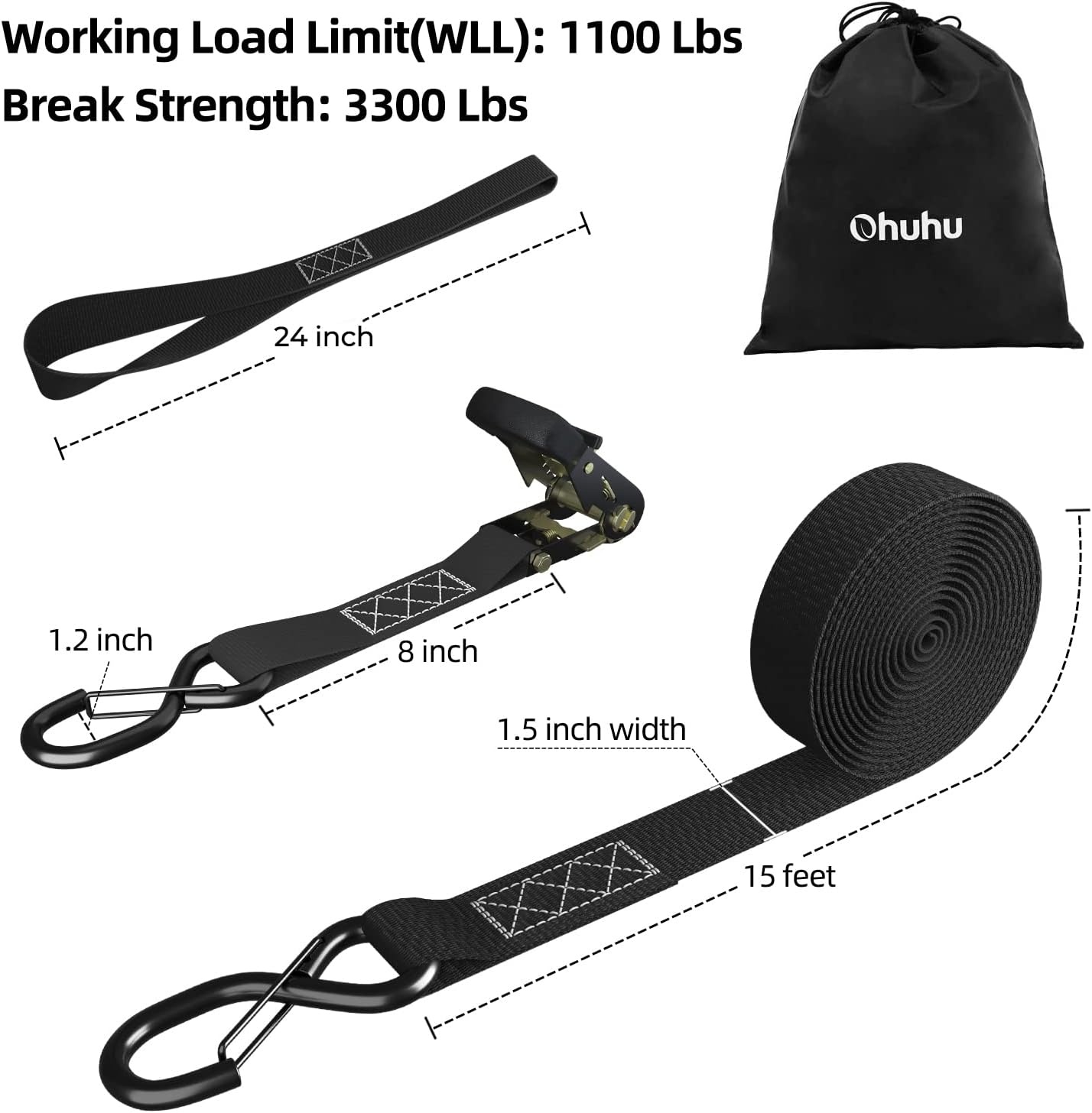 image:imageRatchet Tie Down Straps with Safety Clip 4Pack 15 x 15 and 4 Soft Loops 1100 lbs Load Cap 3300 lbs Breaking Limit Ohuhu Ratchet Tie Downs Logistic Cargo Straps for Moving Appliances Motorcycle