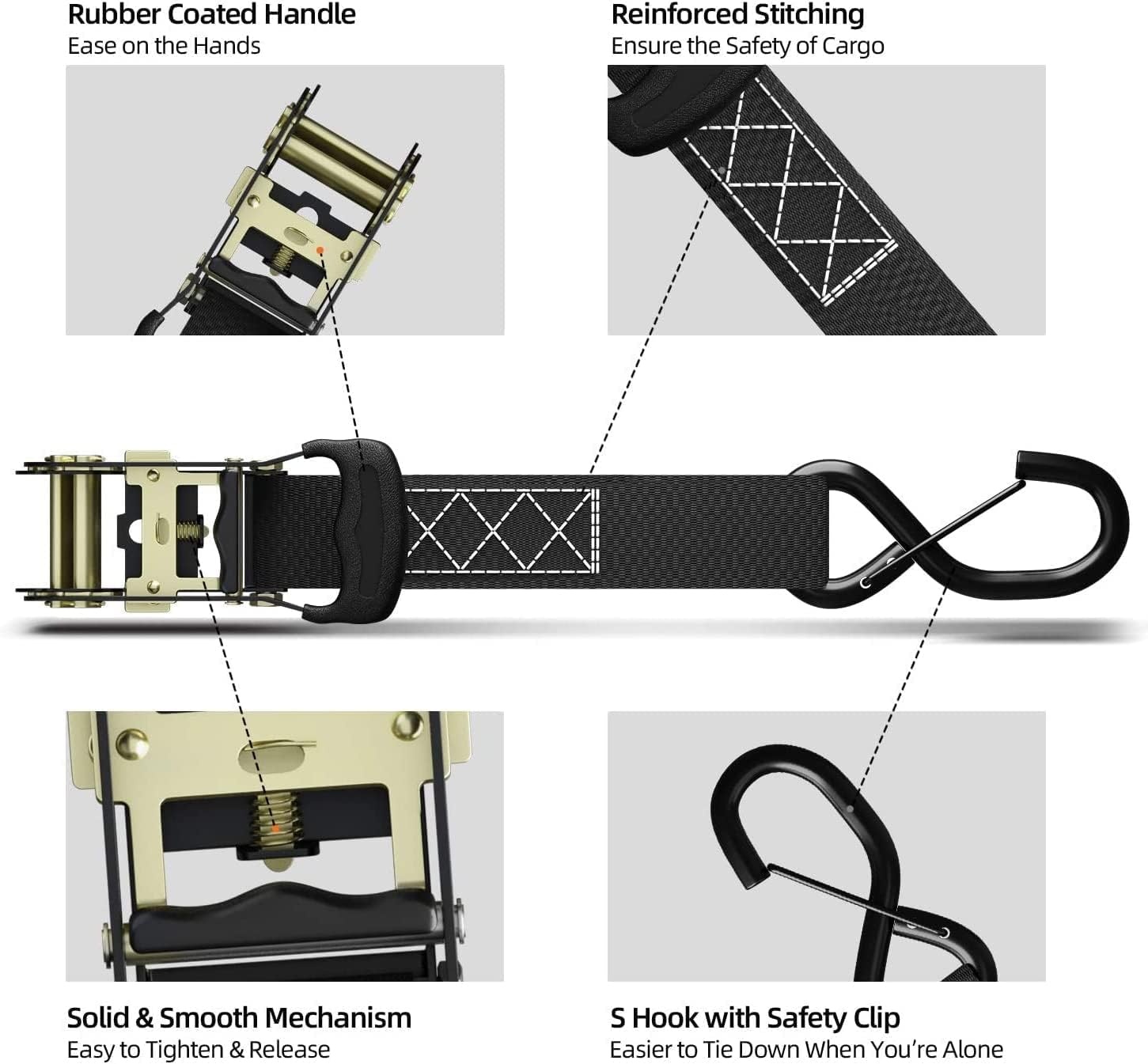 image:imageRatchet Tie Down Straps with Safety Clip 4Pack 15 x 15 and 4 Soft Loops 1100 lbs Load Cap 3300 lbs Breaking Limit Ohuhu Ratchet Tie Downs Logistic Cargo Straps for Moving Appliances Motorcycle