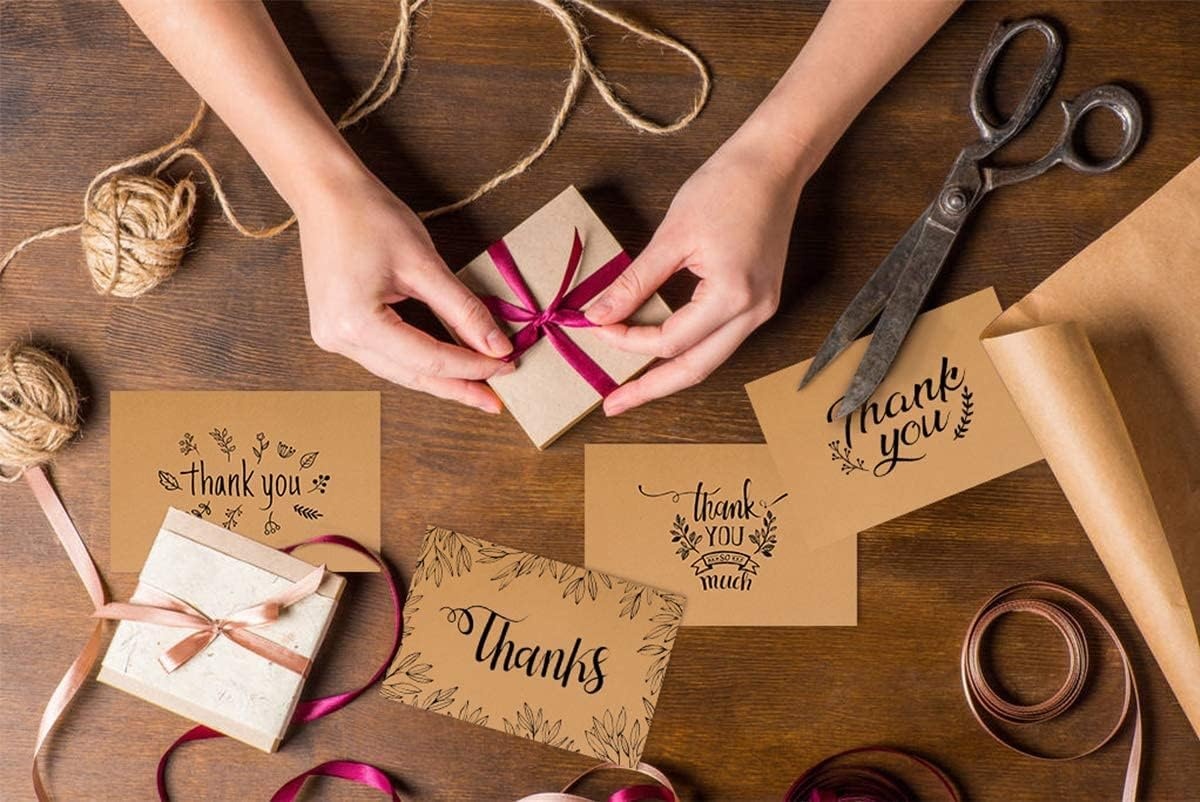 image:imageThank You Cards of Ohuhu 36 Pack Brown Kraft Paper 6 Design of Assorted Thank U Greeting Note Card with Envelopes and Stickers for Wedding Business Birthday Baby Shower Blank Inside 4 x 6 Inch