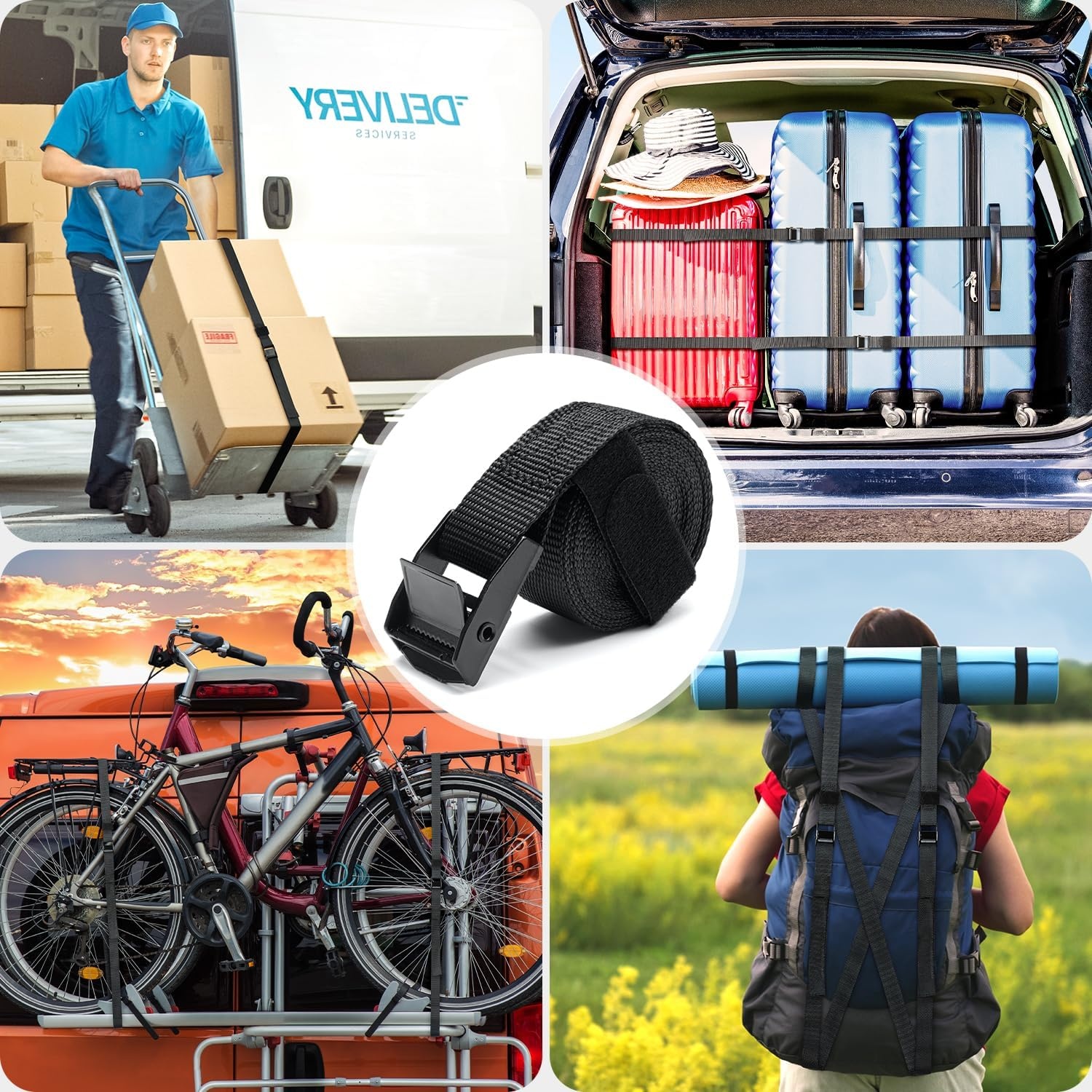 image:imageTie Down Straps with Buckles Ohuhu 4 Pack Cam Buckle Lashing Straps 367 lbs Load Cap with 1100 lbs Breaking Strength Limit 1x 82 TieDown Strap with Carry Bag for Motorcycle Cargo Trucks Luggage