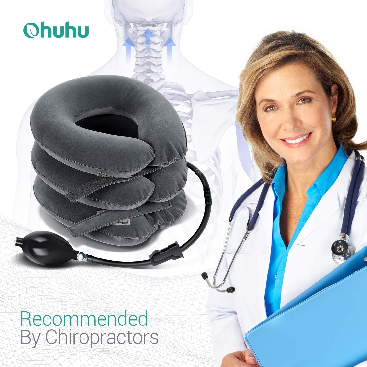 image:imageUpgraded Cervical Neck Traction Device by Ohuhu Inflatable and Adjustable Neck Collar Device Neck Support Stretcher for Traction Spine Alignment and Chronic Neck Pain Relief Gray Fathers Day Gift
