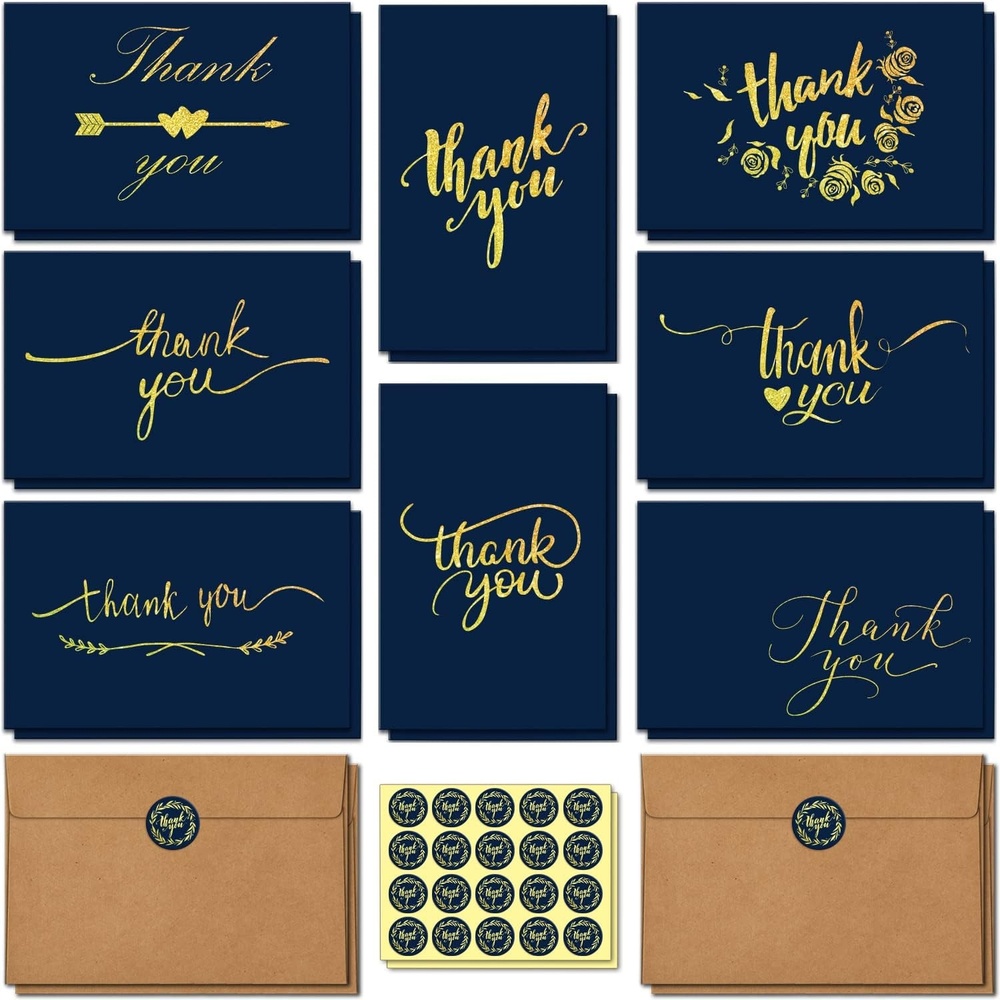 image:image100 Thank You Cards Bulk Navy Blue and Gold Designs Thank You Notes Box Set with SelfSeal Envelopes and Stickers Elegant 8 Design Greeting Card for Wedding Baby Shower Business Graduation Birthday