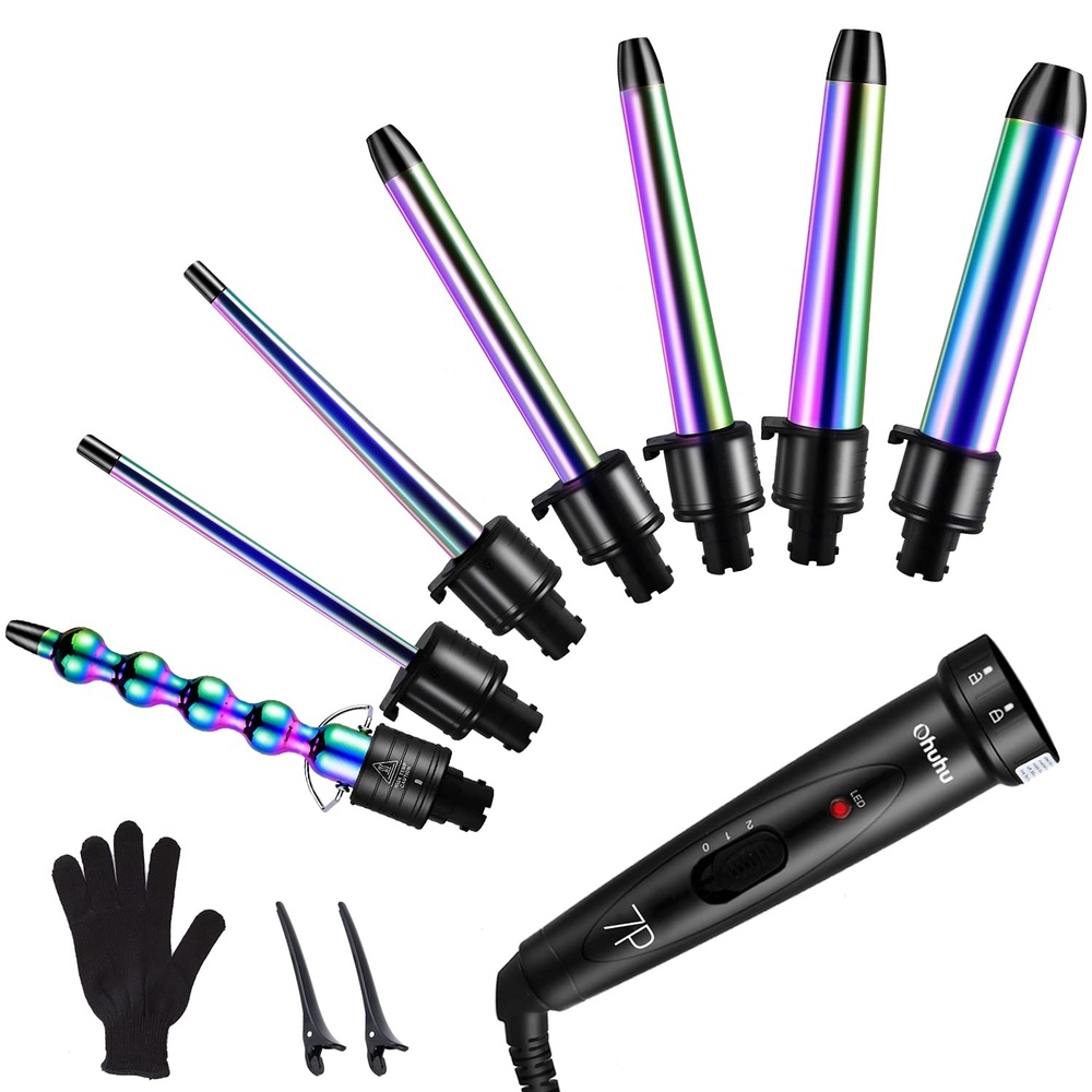 image:image7 in 1 Curling Iron Wand Set Ohuhu Upgrade Curling Wand with 7Pcs 035 to 125 Inch Interchangeable Ceramic Barrels and Heat Protective Glove Gifts Rainbow Color