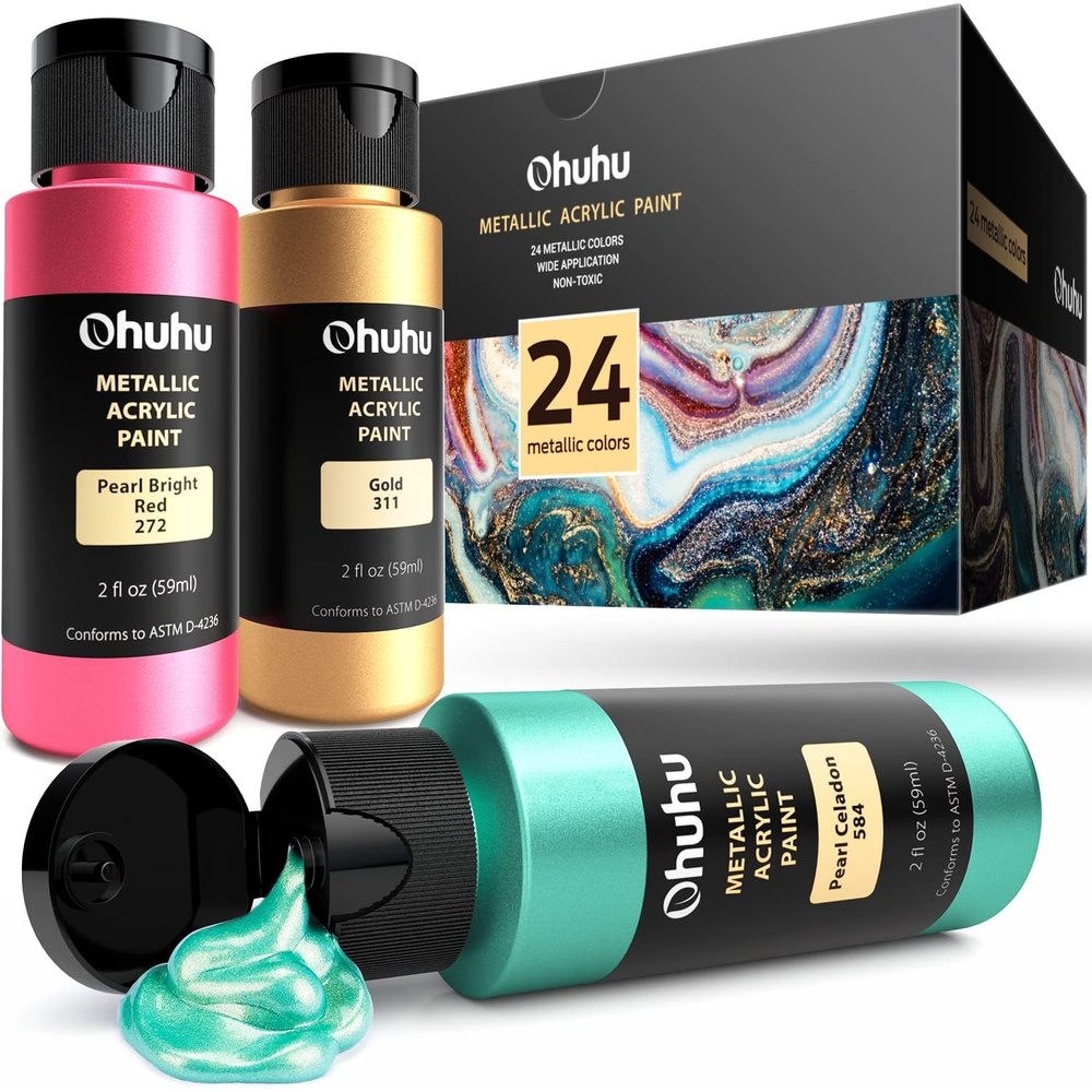 image:imageAcrylic Paint Set for Art Ohuhu 24 Colors 2 Ounce59ml Metallic Acrylic Paint Supplies for Wood Fabric Crafts Canvas LeatherampStone