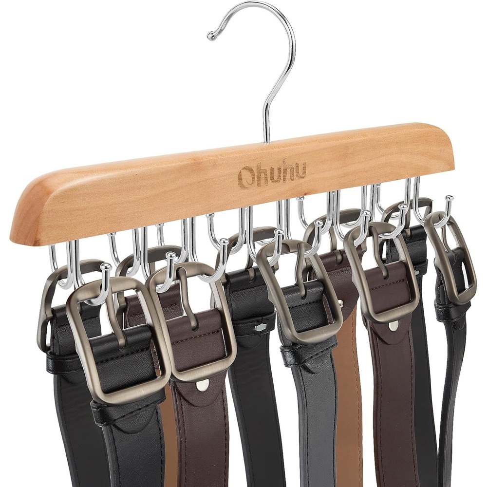 image:imageBelt Hanger Organizer for Closet Ohuhu 16 Hooks Max 48 Belts Tie Rack Wooden Belt Holder for Storage 360 Degree Rotating Space Saver Organizer for Men Women Belt Tie Scarf AccessoriesBurlywood
