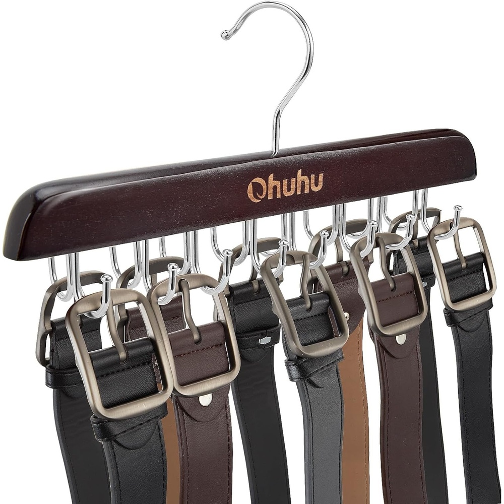 image:imageBelt Hanger Organizer for Closet Ohuhu 16 Hooks Max 48 Belts Tie Rack Wooden Belt Holder for Storage 360 Degree Rotating Space Saver Organizer for Men Women Belt Tie Scarf Tank Top AccessoriesWalnut