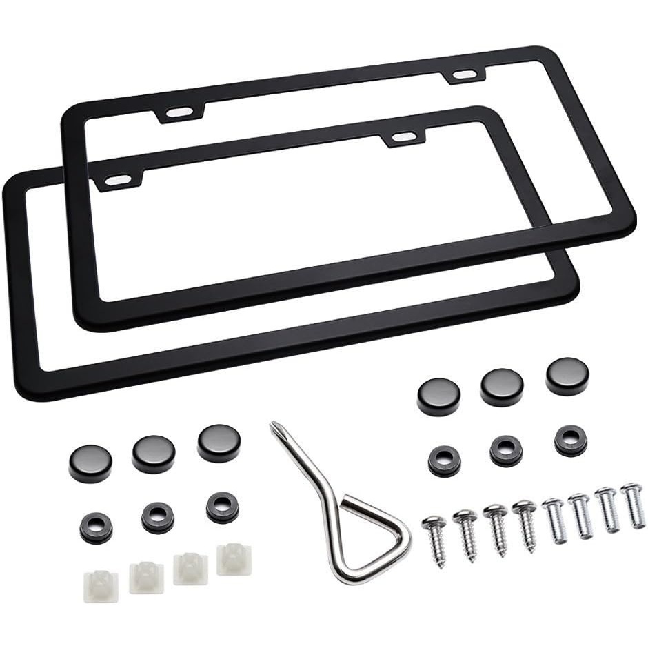 image:imageBlack License Plate Frames Ohuhu 2 PCS Matte Aluminum Car License Plate Holder Slim Design with Bolts Washer Caps 2 Holes Licenses Plate Metal Covers Automotive Exterior Accessories for US Vehicles