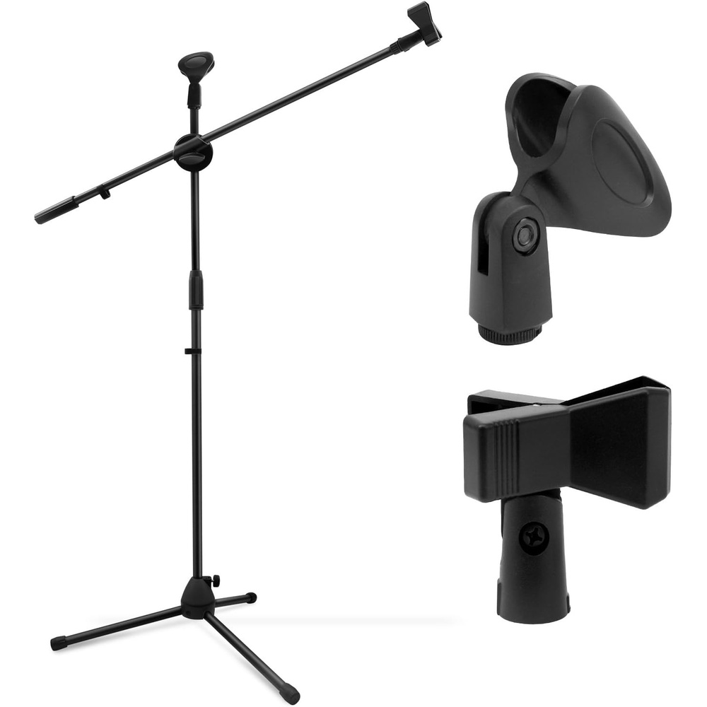 image:imageMicrophone Stand Ohuhu Tripod Mic Stand Boom with Mic Clips Height Adjustable Light Weight Black
