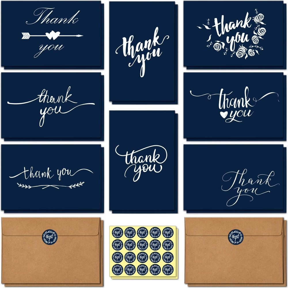image:imageOhuhu 100 Thank You Cards Bulk Navy Blue Blank Thank You Notes Box Set with SelfSeal Envelopes and Stickers