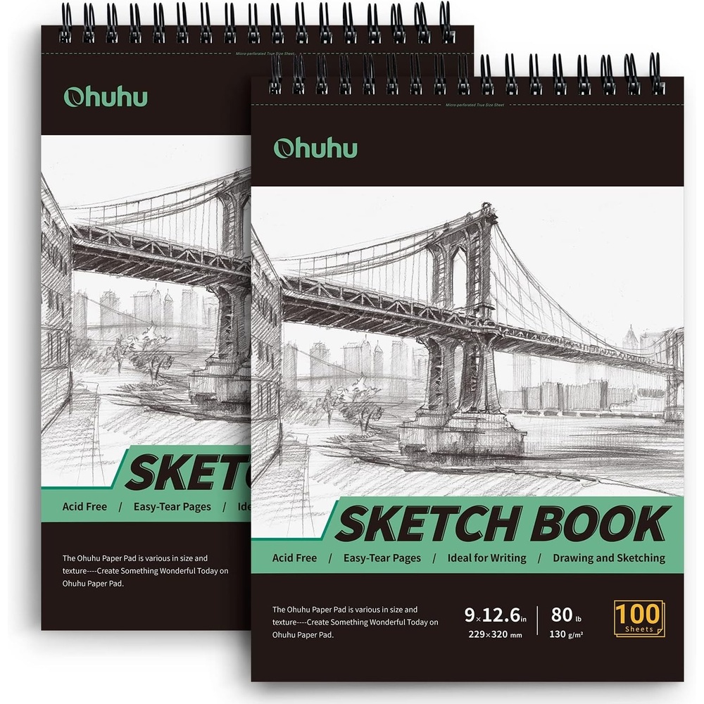 image:imageOhuhu 9x126 Sketch Book Premium Sketchbook 2 Packs x 100 Sheets 130 GSM 80 LB Thick Paper Spiral Bound AcidFree Sketch Pad for Sketching Drawing Colored Pencil Artists Beginners Adults Kids