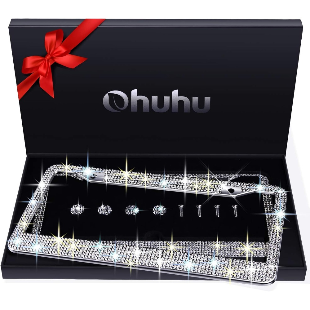 image:imageOhuhu Bling License Plate Frames 2 Pack with Mounting Accessories and Gift Box Luxury Handcrafted Premium Rhinestone Glitter Sparkly License Plate Frame