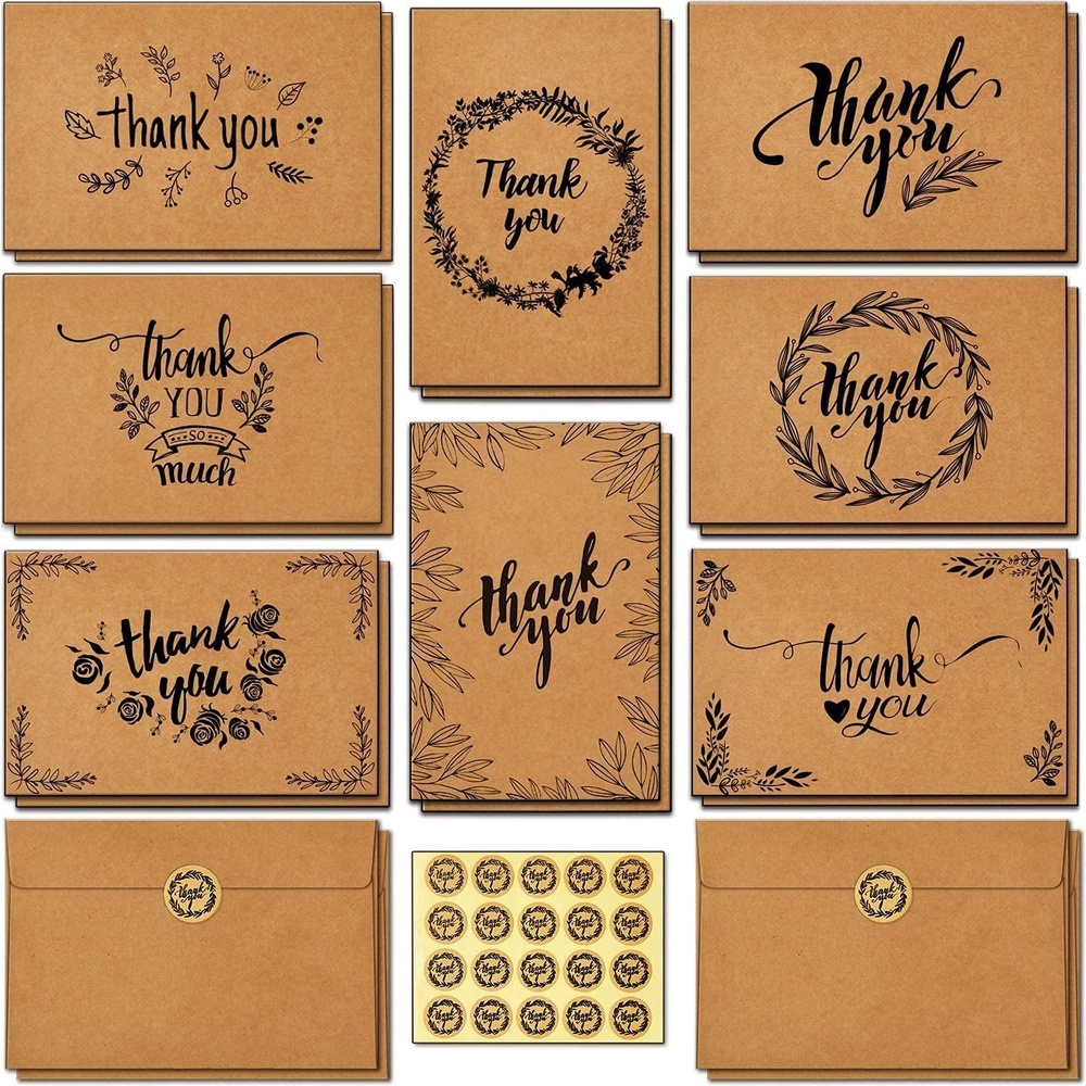 image:imageOhuhu Bulk 104 Thank You Cards Brown Kraft 4x6 Thank You Notes with SelfSeal Envelopes and Stickers Elegant 8 Design Greeting Card for Wedding Shower Business Graduation Birthday