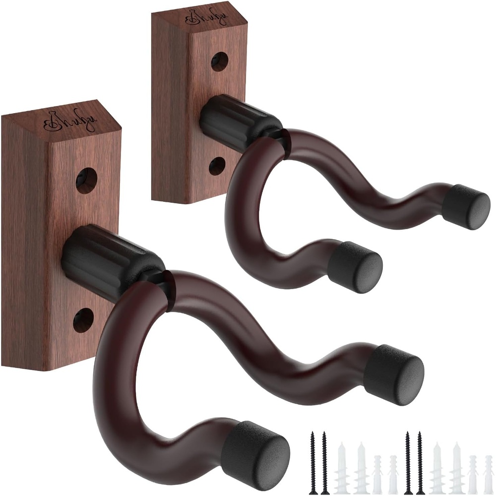 image:imageOhuhu Guitar Wall Hangers 2Pack Guitar Wall Mount with Screws AntiSlip V Shape Rotatable Hardwood Guitar Mount Hook Holder Stand for Electric Acoustic Guitar Ukulele Bass Banjo Mandolin Walnut