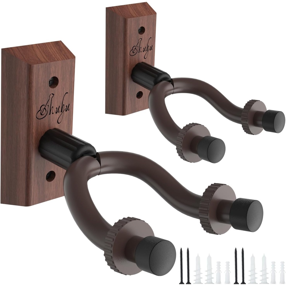 image:imageOhuhu Guitar Wall Mount Hanger 2Pack Rotatable Hardwood Guitar Hangers with ScrewsAdjustable Stopper Guitar Mount Hook Holder Stand for Ukulele Bass Electric Acoustic Guitar Banjo MandolinWalnut