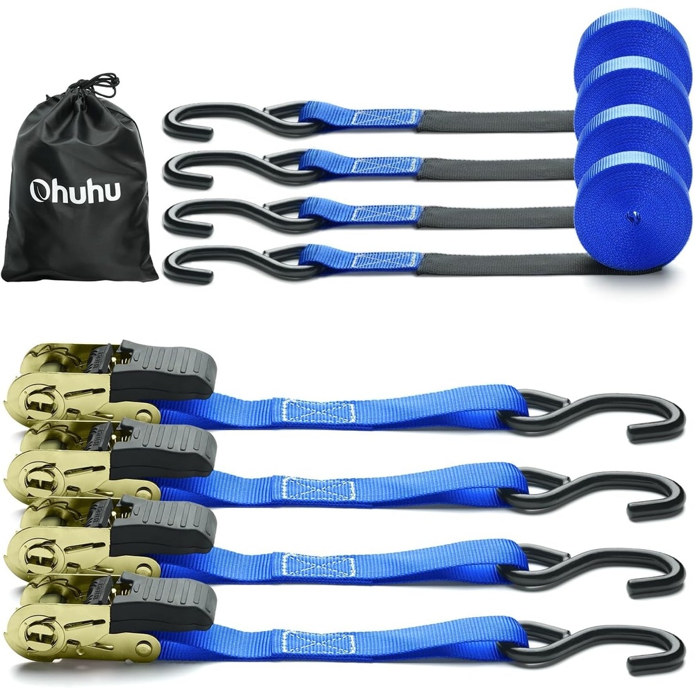 image:imageOhuhu Ratchet Tie Down Straps 4 Pack 15 Ft 500 Lbs Load Cap with 1500 Lb Breaking Limit Cargo Car Truck Roof Rack Rachet Strap Set for Lawn Equipment Moving Appliances Motorcycle Blue